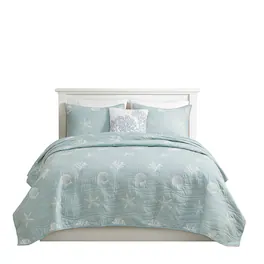 Gracie Mills - Elisa 4 Piece Cotton Reversible Embroidered Quilt Set with Throw Pillow - Aqua