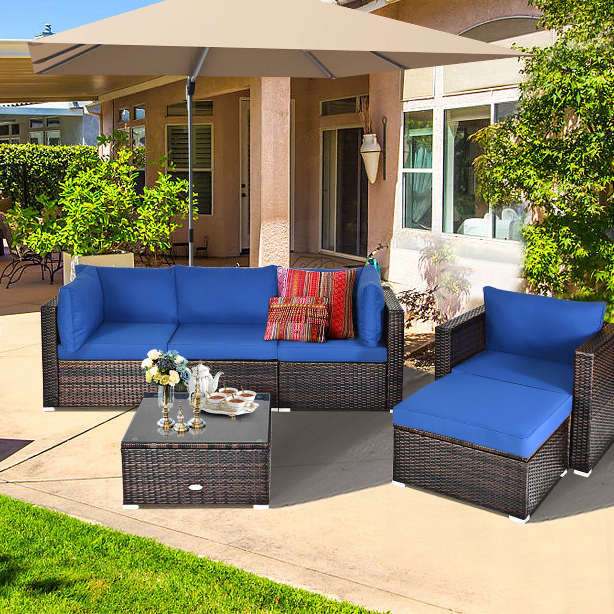 Alt View 2. Gymax - Gymax 6PCS Patio Conversation Set Rattan Sectional Furniture Set w/ Navy Cushion - Navy.