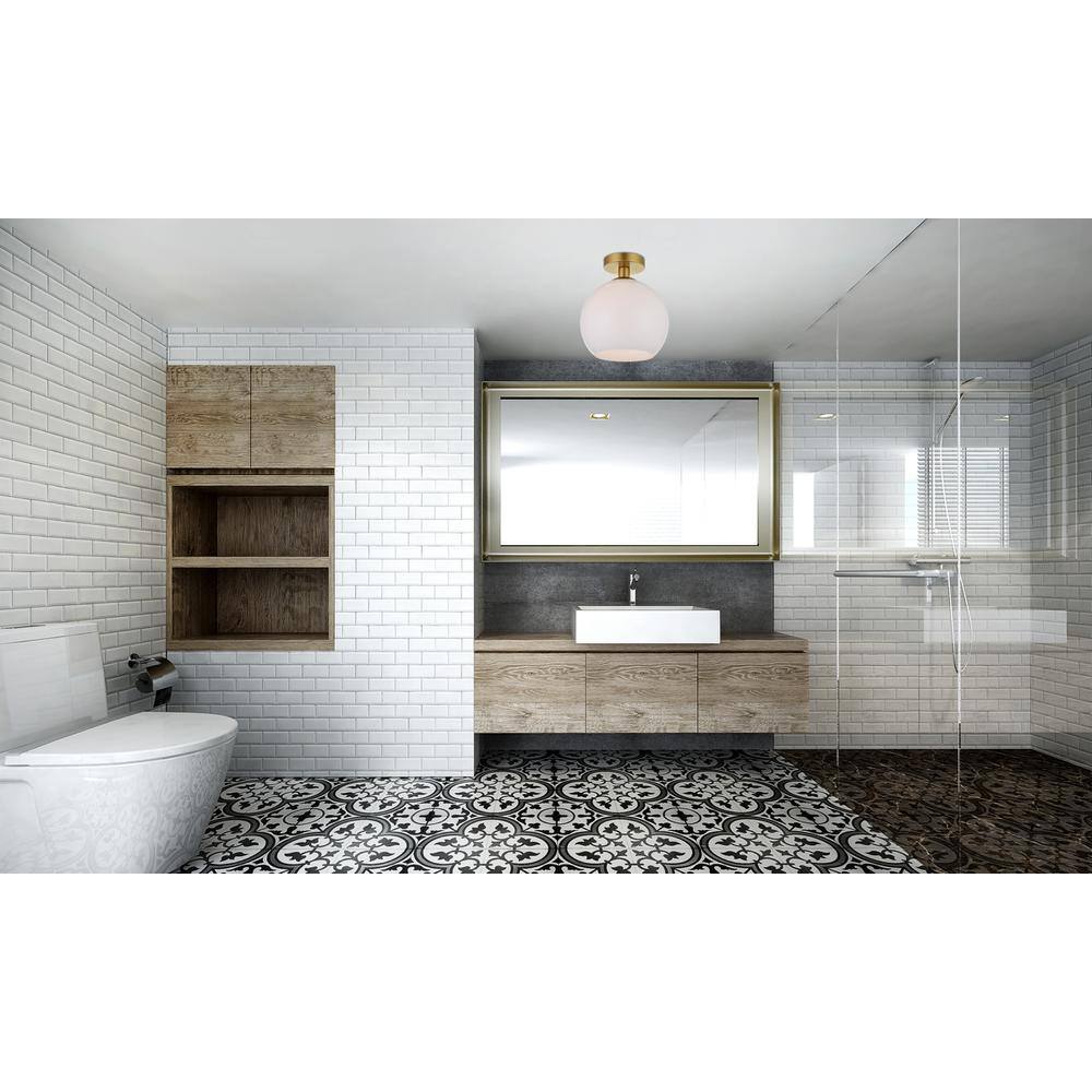Angle. Living District - Baxter 1 Light Brass Flush Mount With Frosted White Glass - Brass And Frosted White.