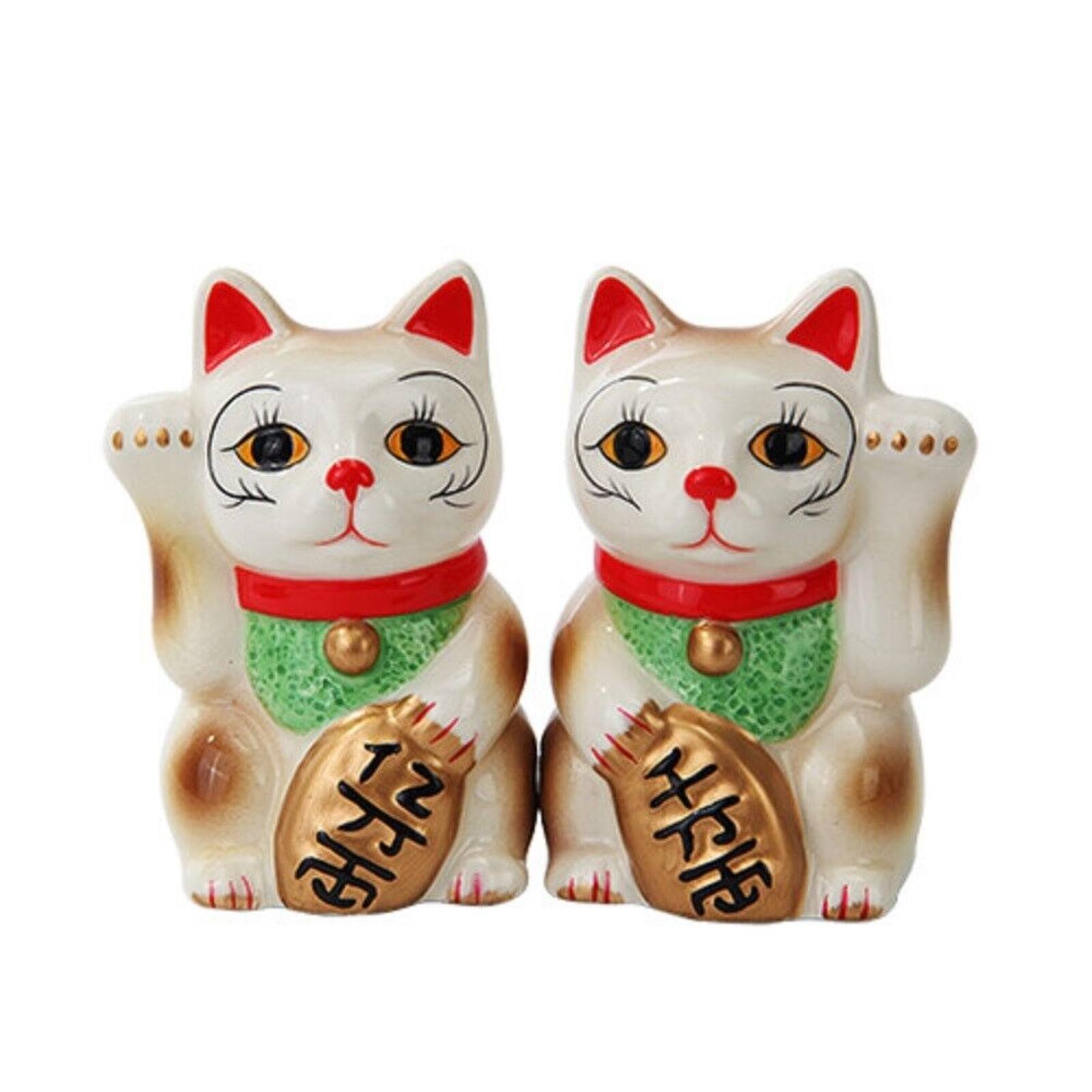 Front. Pacific Trading - Japanese Maneki Neko Lucky Cat Magnetized Ceramic Salt and Pepper Shakers - White.