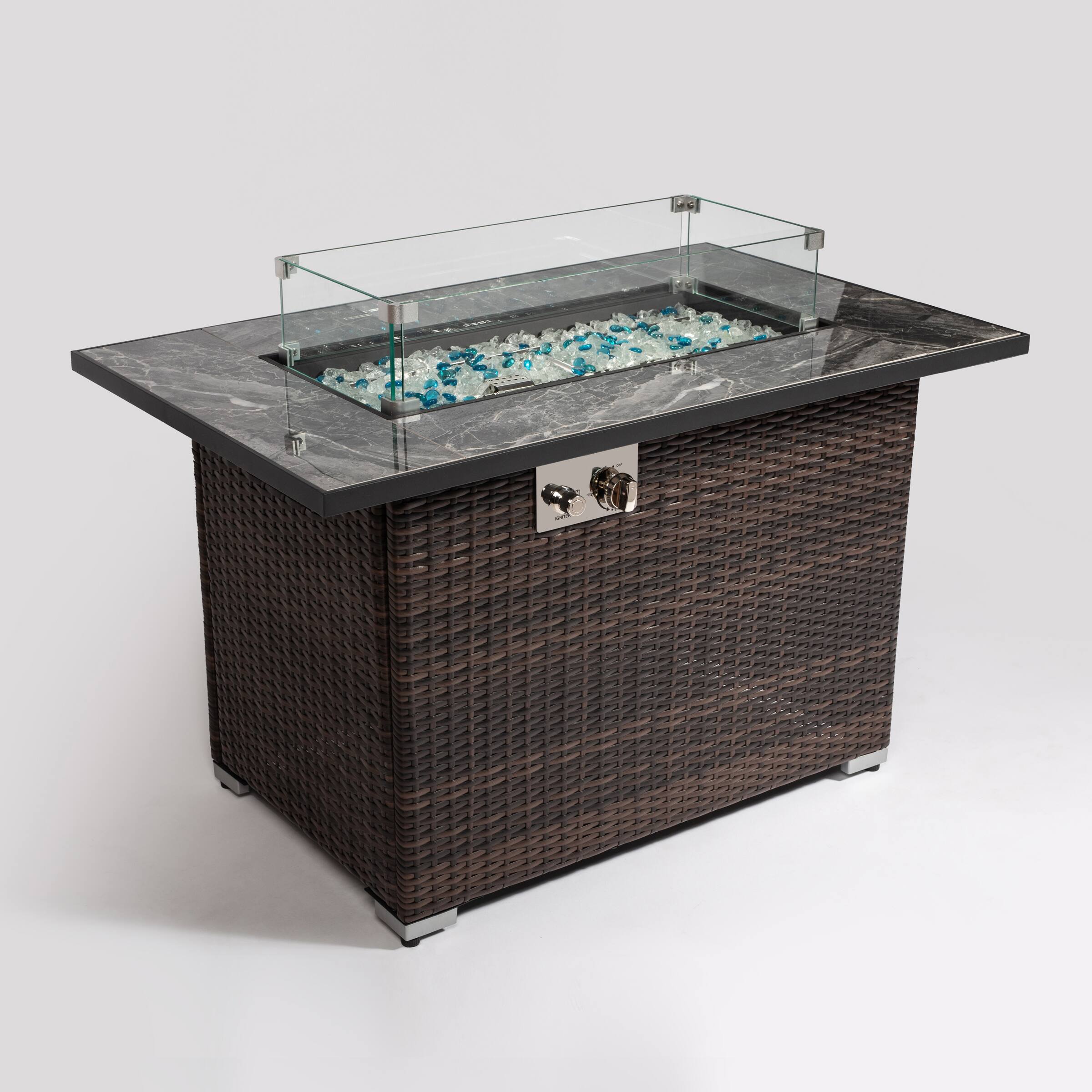 Back. Aukfa - 44" Propane Gas Fire Pit Table - 50000 BTU Rectangular with Tile Top & Wicker Base for Patio.