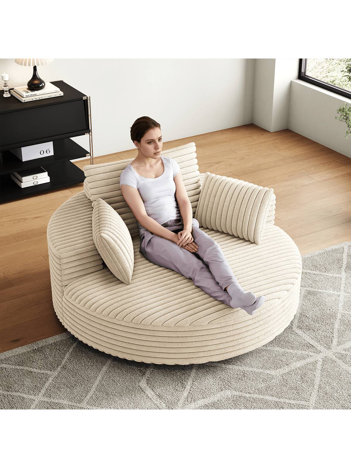 Back. Trinkets Crazed - 55" L Oversized Swivel Chair, Upholstered Corduroy Comfy Accent Chaise Lounge Sofa Chair - Beige.