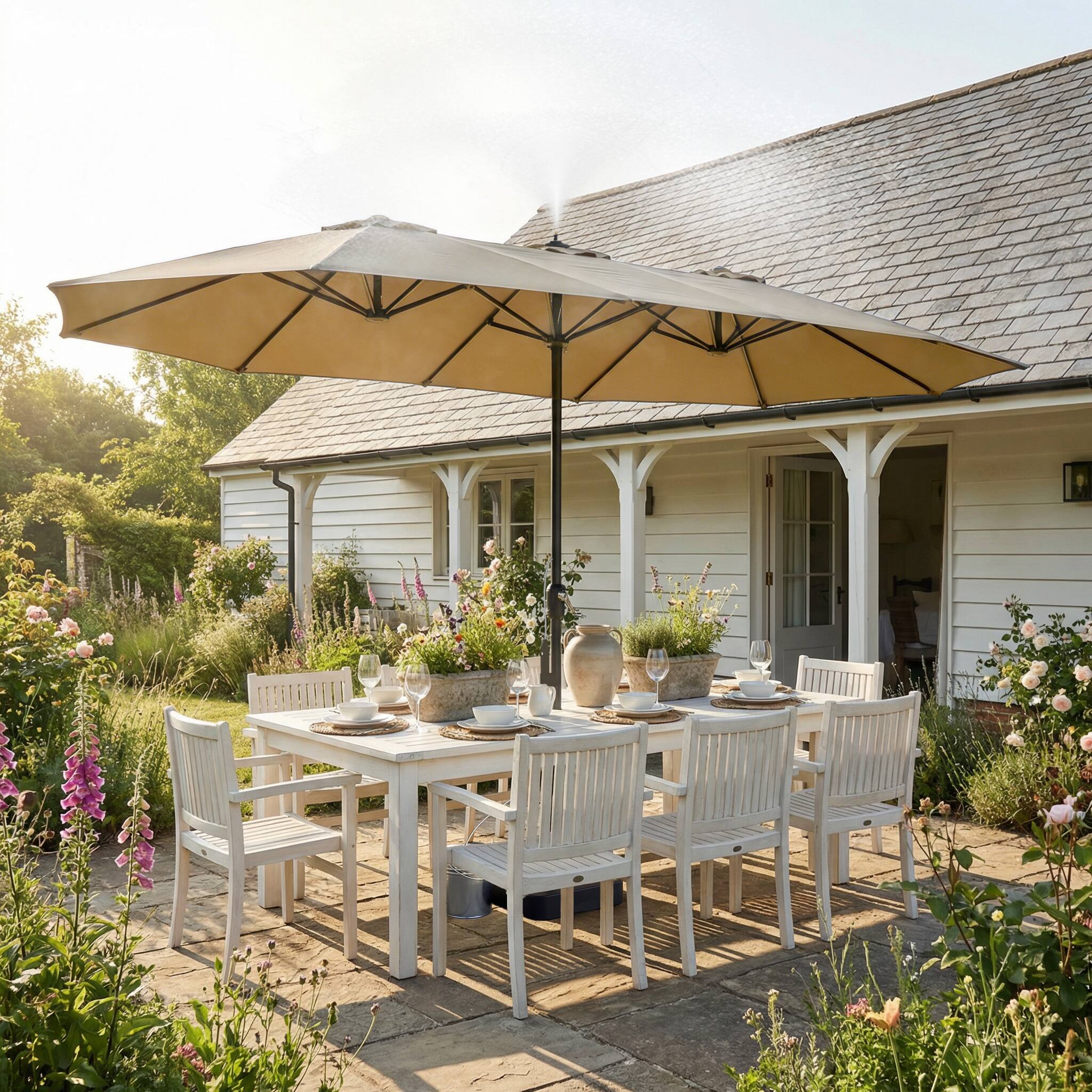 Angle. Famapy - 11ft Double-Top Patio Misting Umbrella - Spray Cooling System & Reinforced Frame for Pool, Garden - Sand.