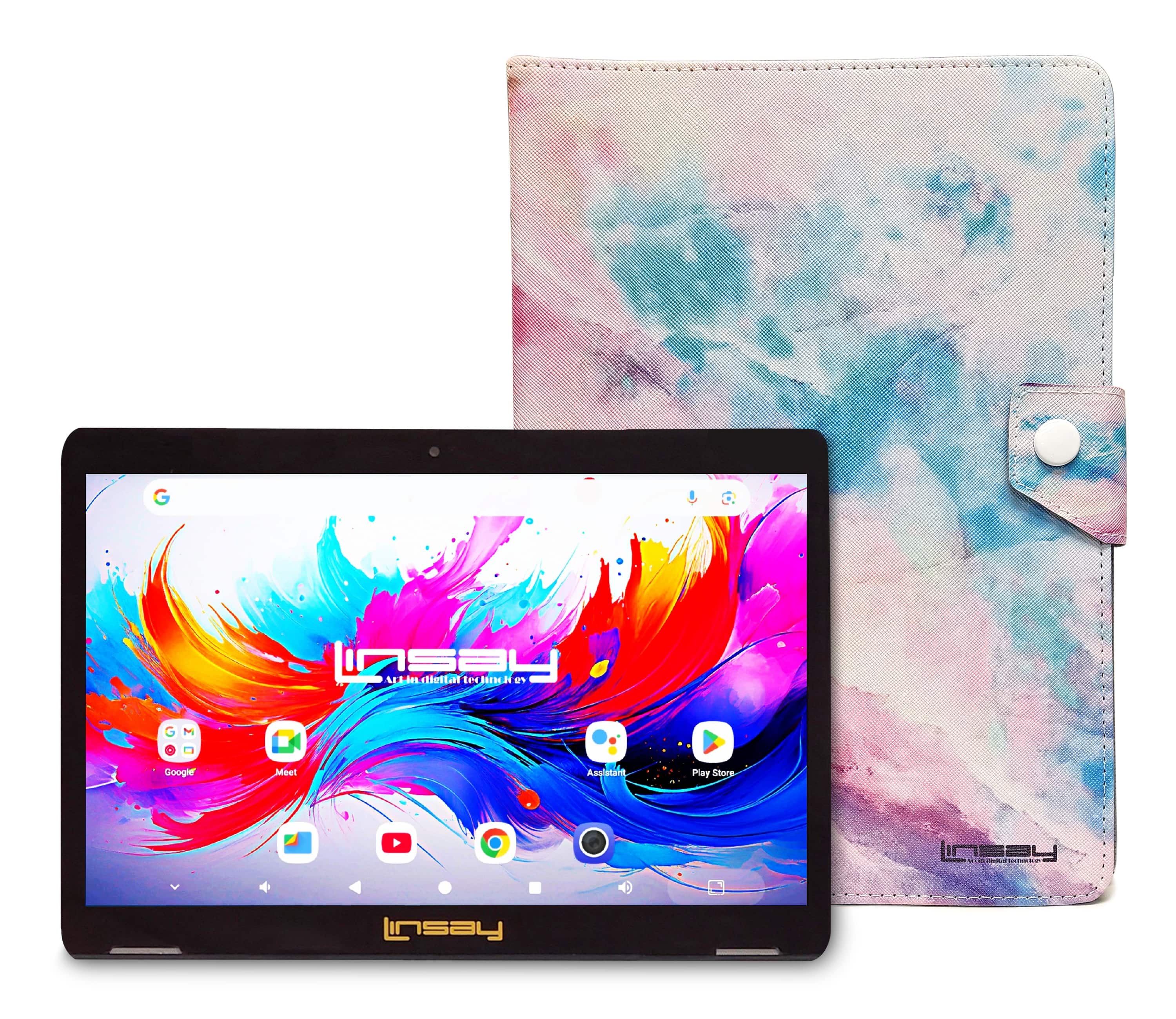 LINSAY - 10.1"Octa Core 256GB Storage Android 15 Tablet with Marble Case - Pink
