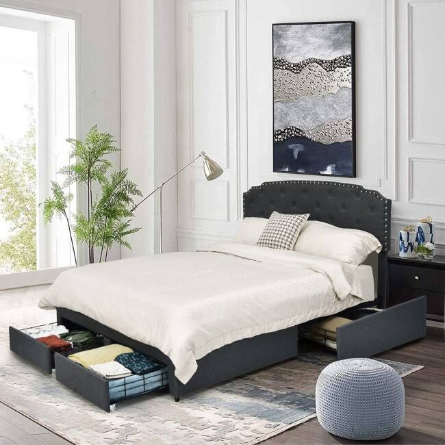 Left. Hivvago - Hivvago Full Size Linen Adjustable Headboard 4 Drawer Storage Platform Bed - Gray.