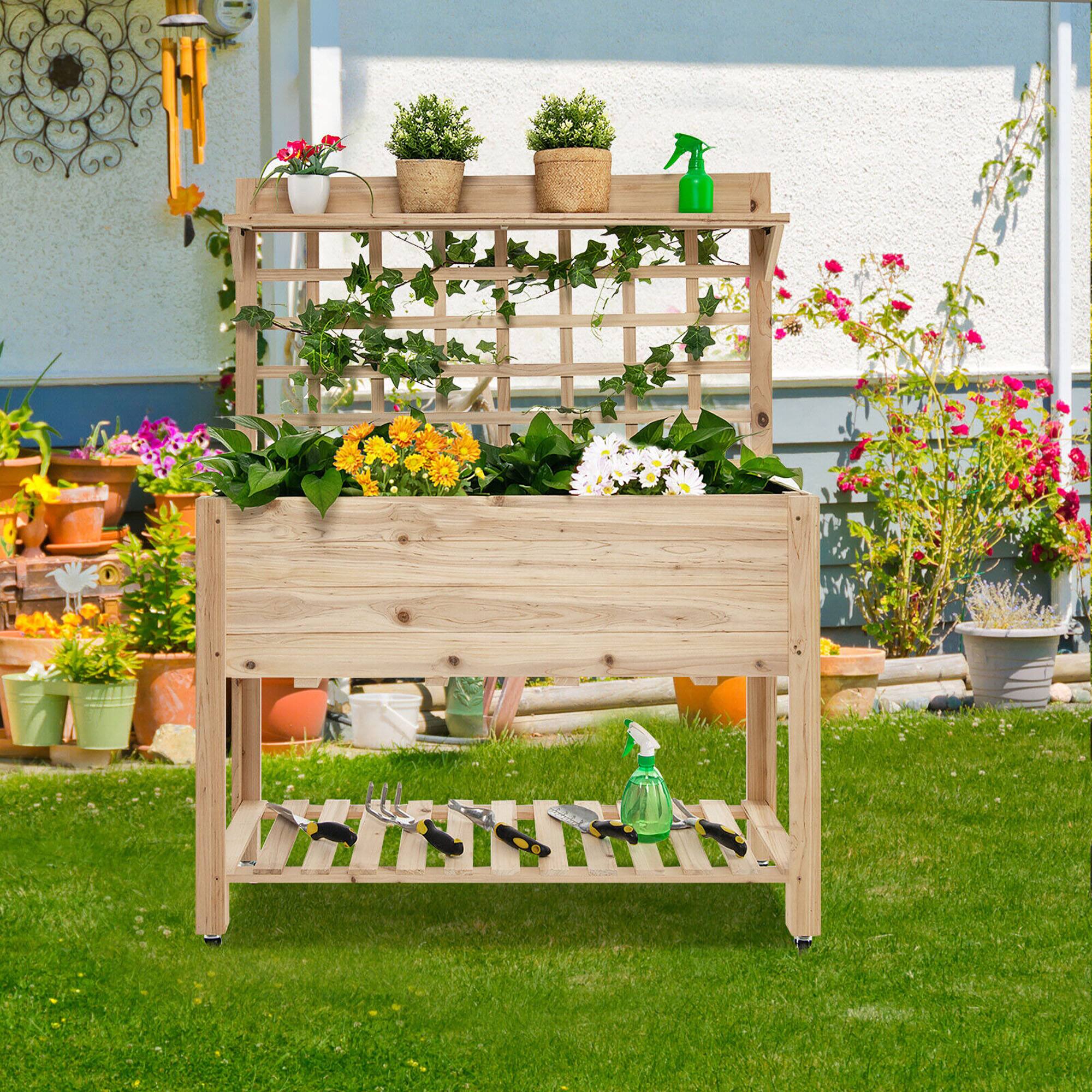 Alt View 1. Gymax - Gymax Raised Garden Bed Mobile Elevated Wooden Planter Box w/ Wheels Trellis Shelf - Nature.