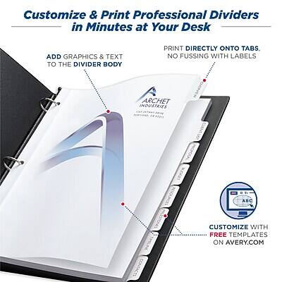 Customize & Print Professional Dividers in Minutes at Your Desk

- Add graphics & text to the divider body
- Print directly onto tabs, no fussing with labels
- Customize with free templates on Avery.com

Archet Industries
R7AIS Client Services
Noig Budget Resources
ABC Contacts