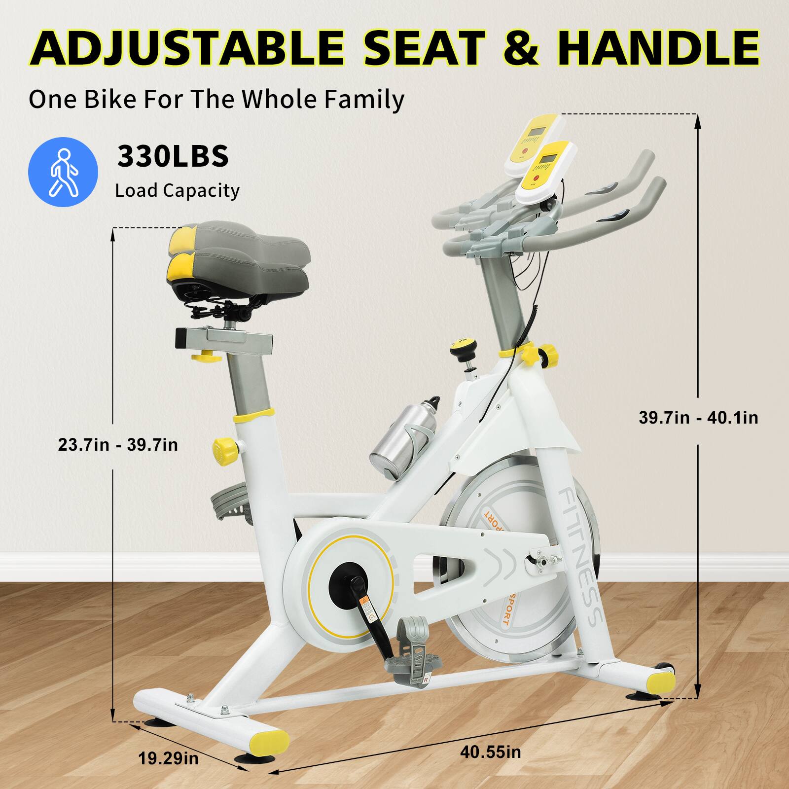 ADJUSTABLE SEAT & HANDLE  
One Bike For The Whole Family  

330LBS Load Capacity  

23.7in - 39.7in  
19.29in  
39.7in - 40.1in  
40.55in