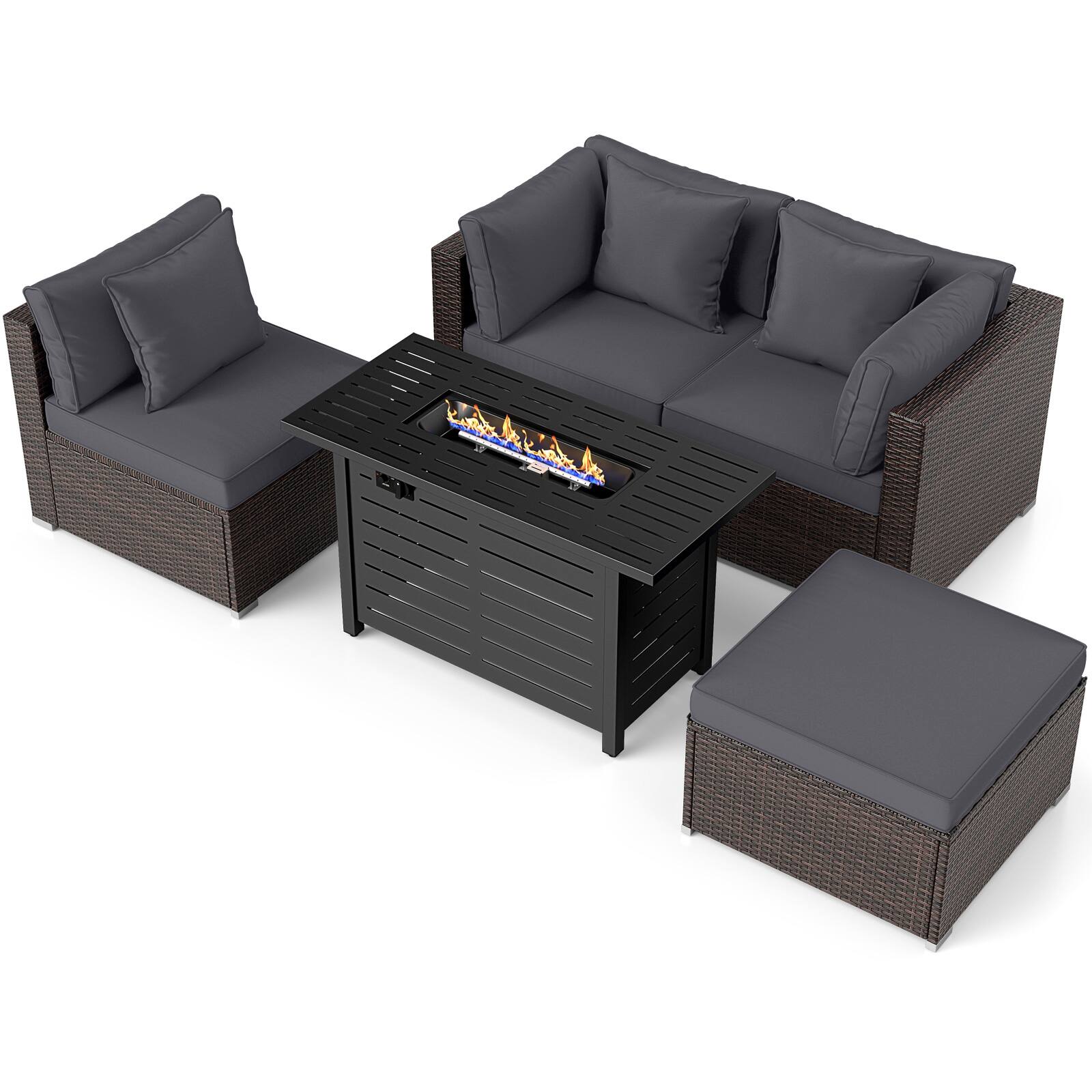 Alt View 6. Gymax - Gymax Set of 5 Patio Furniture Set Heavy-duty Frame Rattan Sofa Set w/ 60000 BTU Firepit Table Gray - Gray.