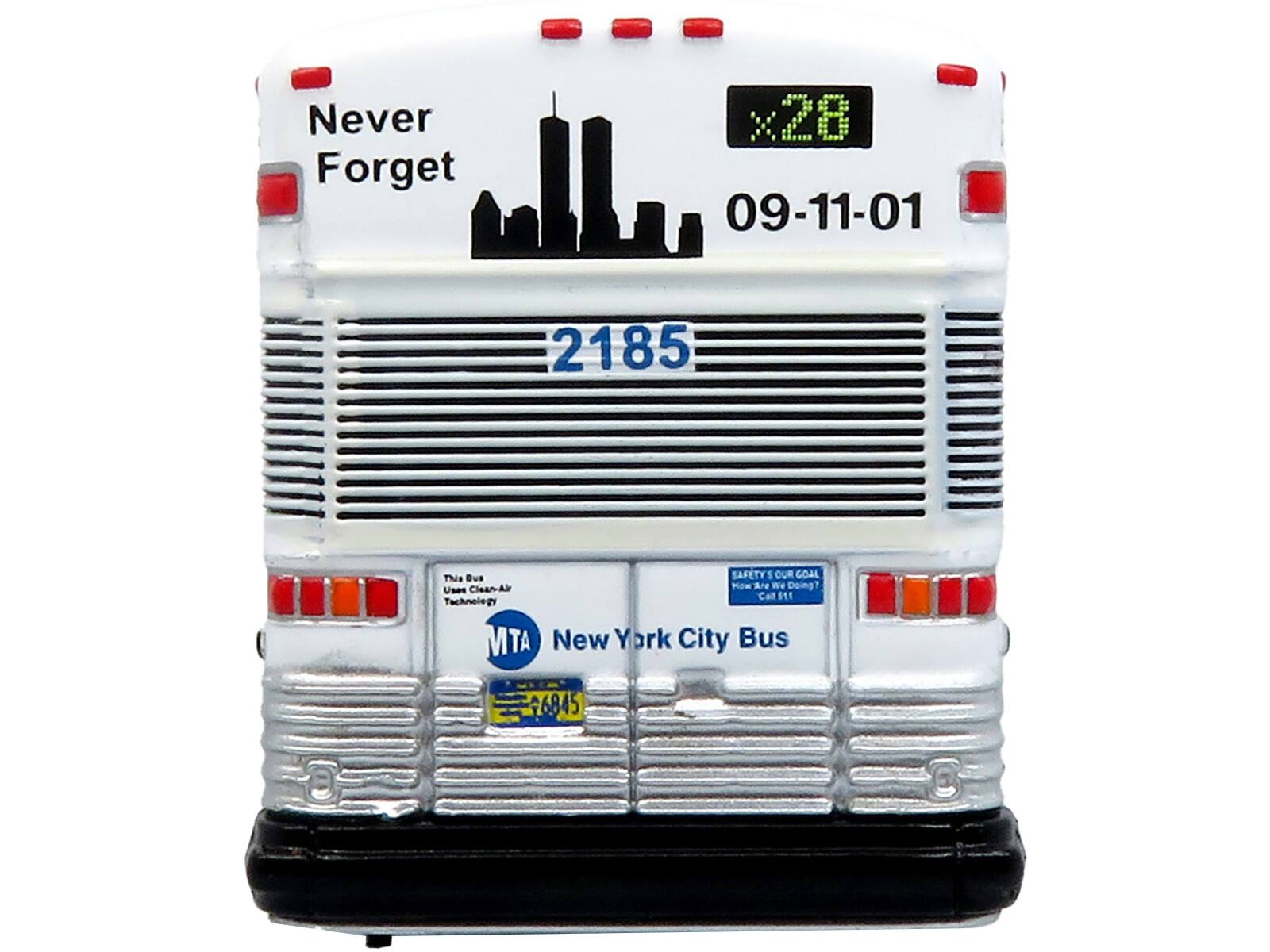 Never Forget  
09-11-01  
2185  
This Bus Uses Clean-Air Technology  
MTA New York City Bus  
6845  
Safety's Our Goal  
How Are We Doing?  
Call 911