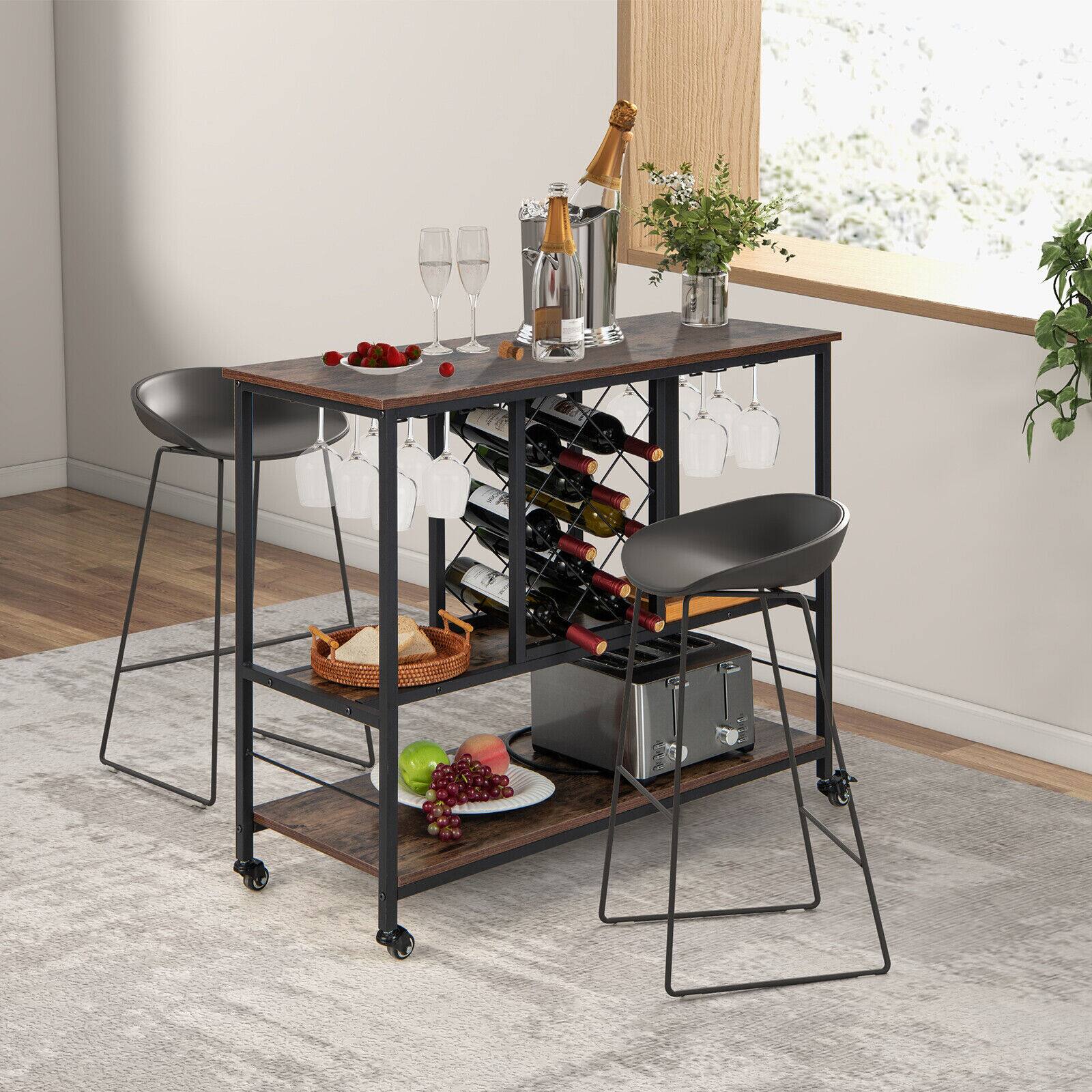 Angle. SlickBlue - Wine Bar Cabinet 3-Tier Design with Rack for 8 Bottles and 12 Glass Hangers - Rustic Brown, Black.