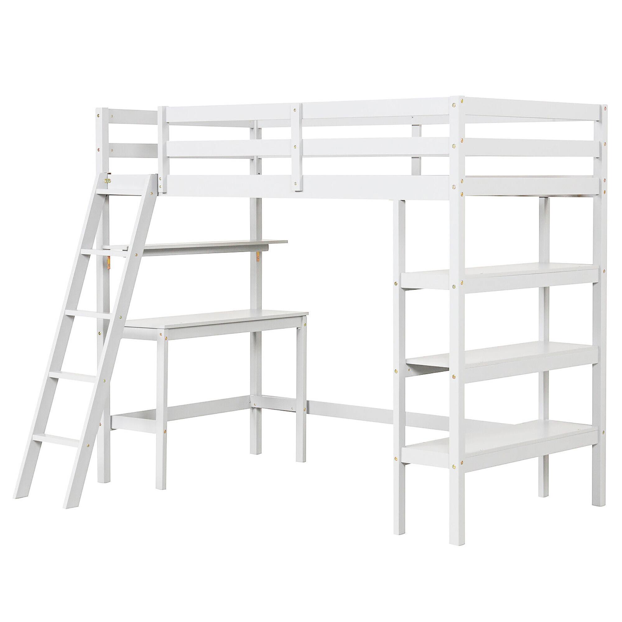 Alt View 9. Gymax - Gymax Twin Size Solid Wood Loft Bed w/ Desk & Bookshelves Ladder & Guardrails White - White.