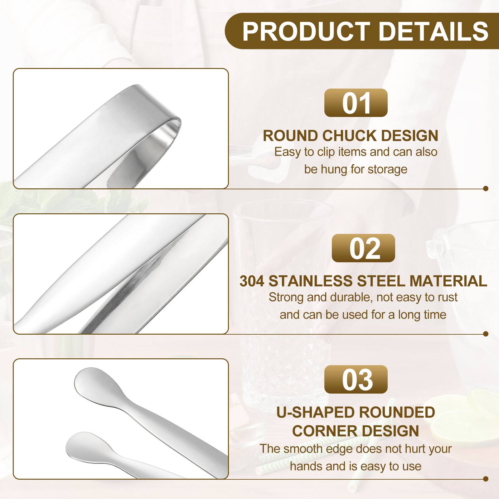 PRODUCT DETAILS

01 ROUND CHUCK DESIGN
Easy to clip items and can also be hung for storage

02 304 STAINLESS STEEL MATERIAL
Strong and durable, not easy to rust and can be used for a long time

03 U-SHAPED ROUNDED CORNER DESIGN
The smooth edge does not hurt your hands and is easy to use