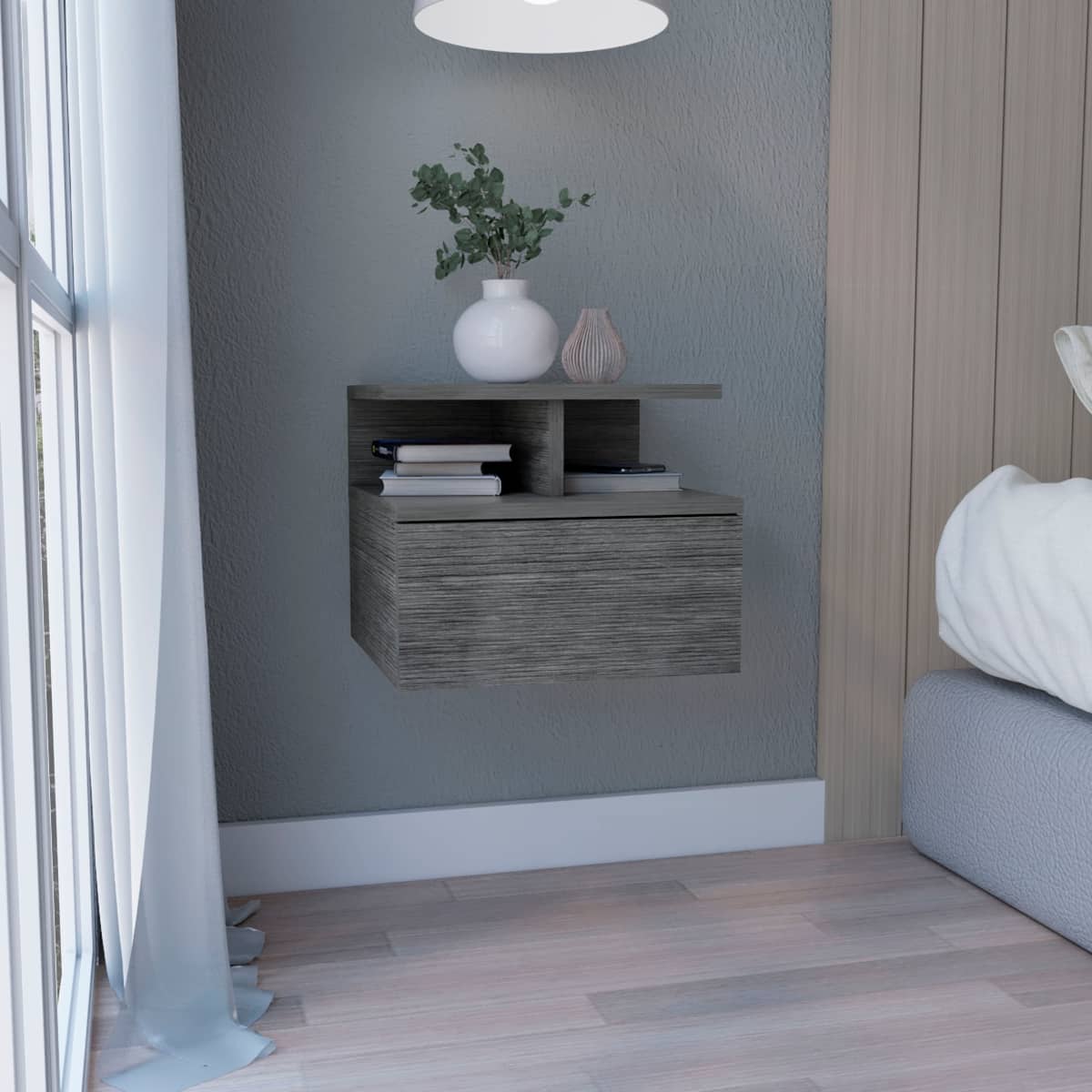 Loheer - Floating Nightstand Wall Mounted Bedside Table with Single Drawer and Two Tier Shelf - Smokey Oak
