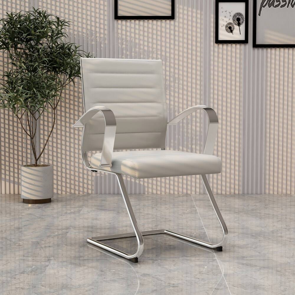 Angle. LeisureMod - Benmar Office Chair, Ribbed Leather Upholstery with Chrome Arms and Sled Base, Modern Desk Seating for Home or Office - Tan.