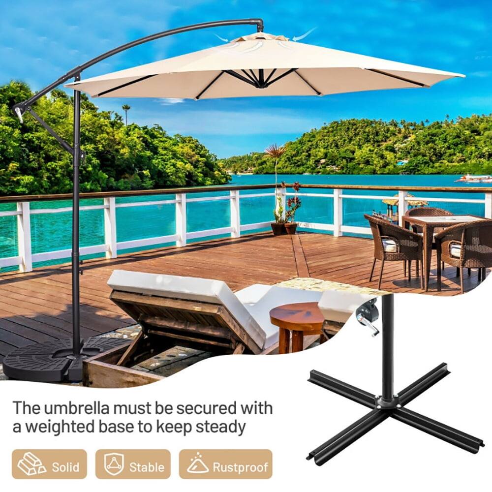 The umbrella must be secured with a weighted base to keep steady.  
Solid, Stable, Rustproof.