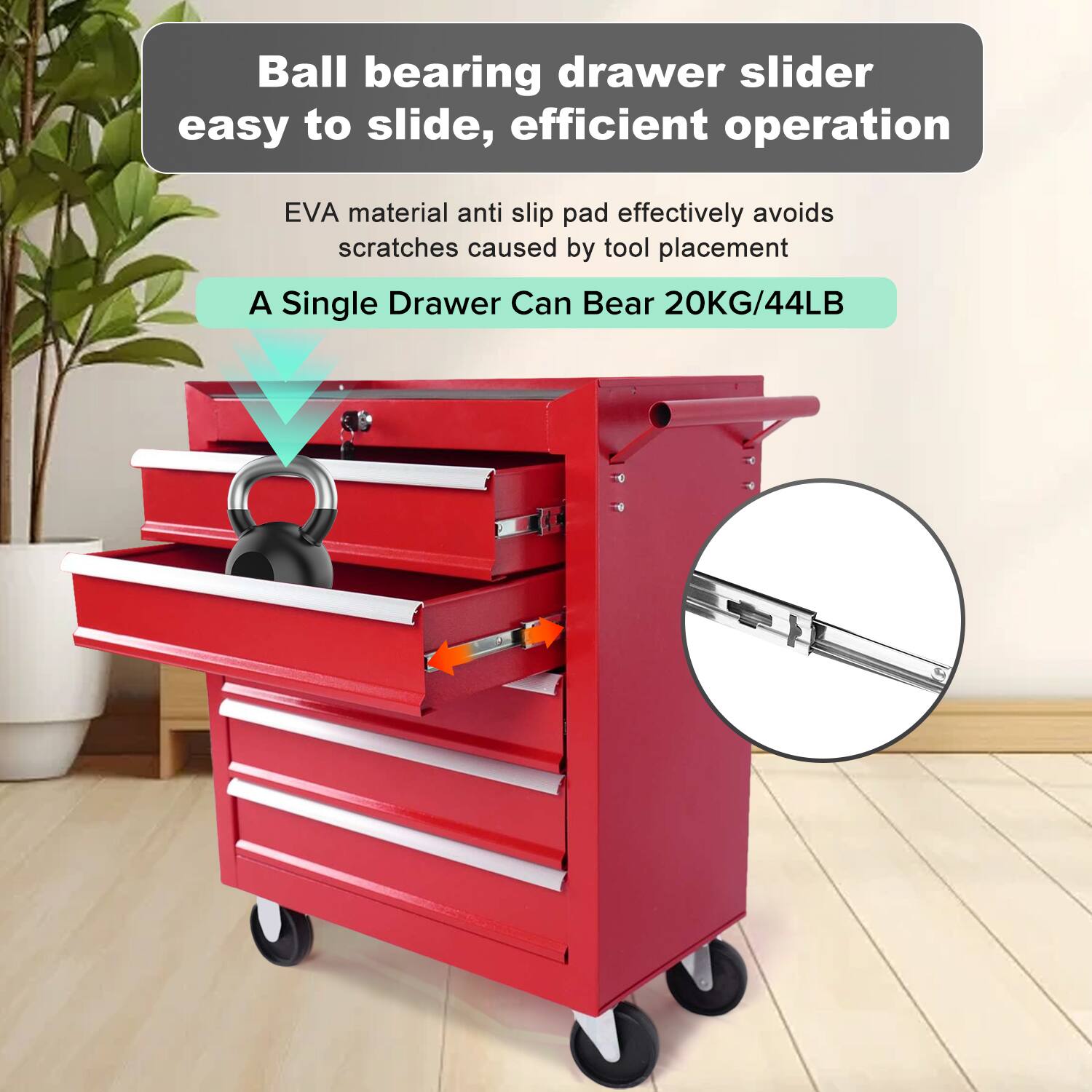 Ball bearing drawer slider easy to slide, efficient operation

EVA material anti slip pad effectively avoids scratches caused by tool placement

A Single Drawer Can Bear 20KG/44LB