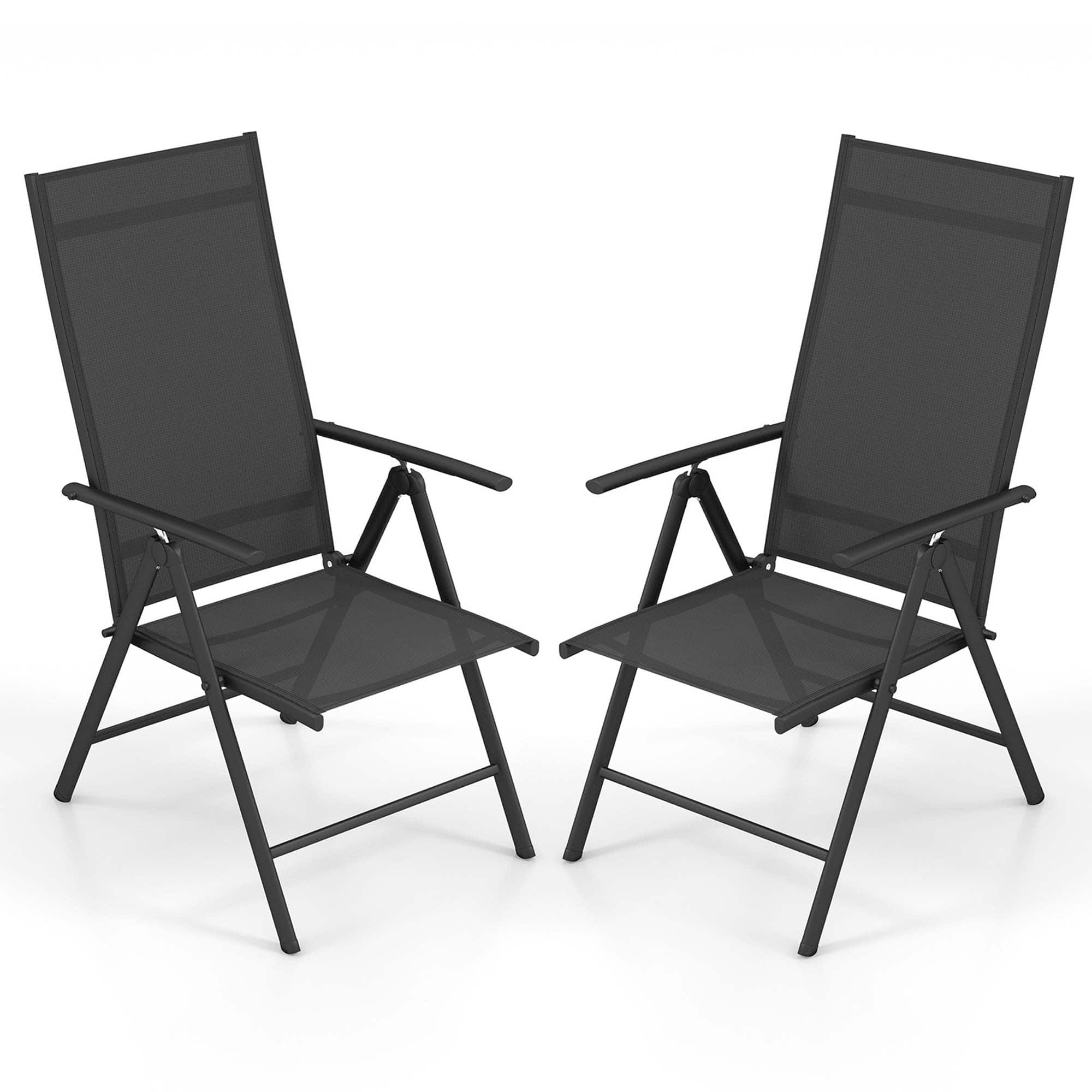 Front. Costway - 2 PCS Patio Folding Dining Chair with 7-Level Adjustable High Backrest for Garden - Black.