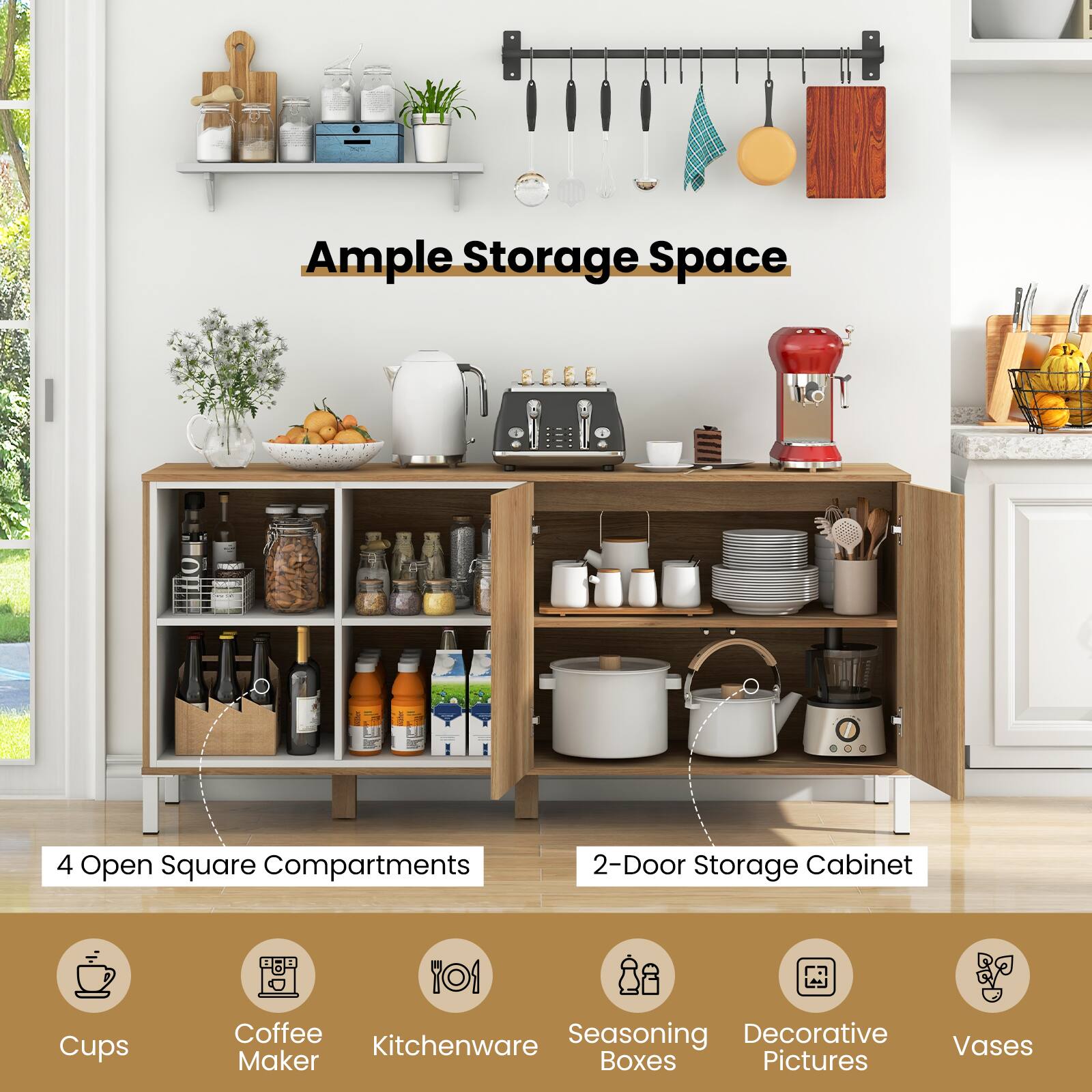 Ample Storage Space, 4 Open Square Compartments, 2-Door Storage Cabinet, Cups, Coffee Maker, Kitchenware, Seasoning Boxes, Decorative Pictures, Vases