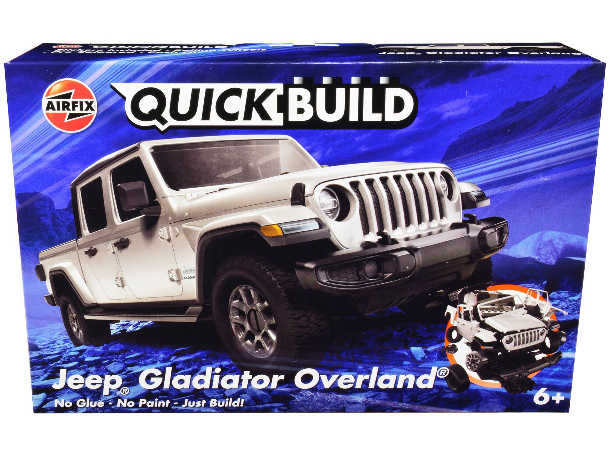 Sure, here is the corrected and grouped text from the image:

---

**AIRFIX**

**QUICK BUILD**

**Jeep Gladiator Overland**

**No Glue - No Paint - Just Build!**

**6+**

---