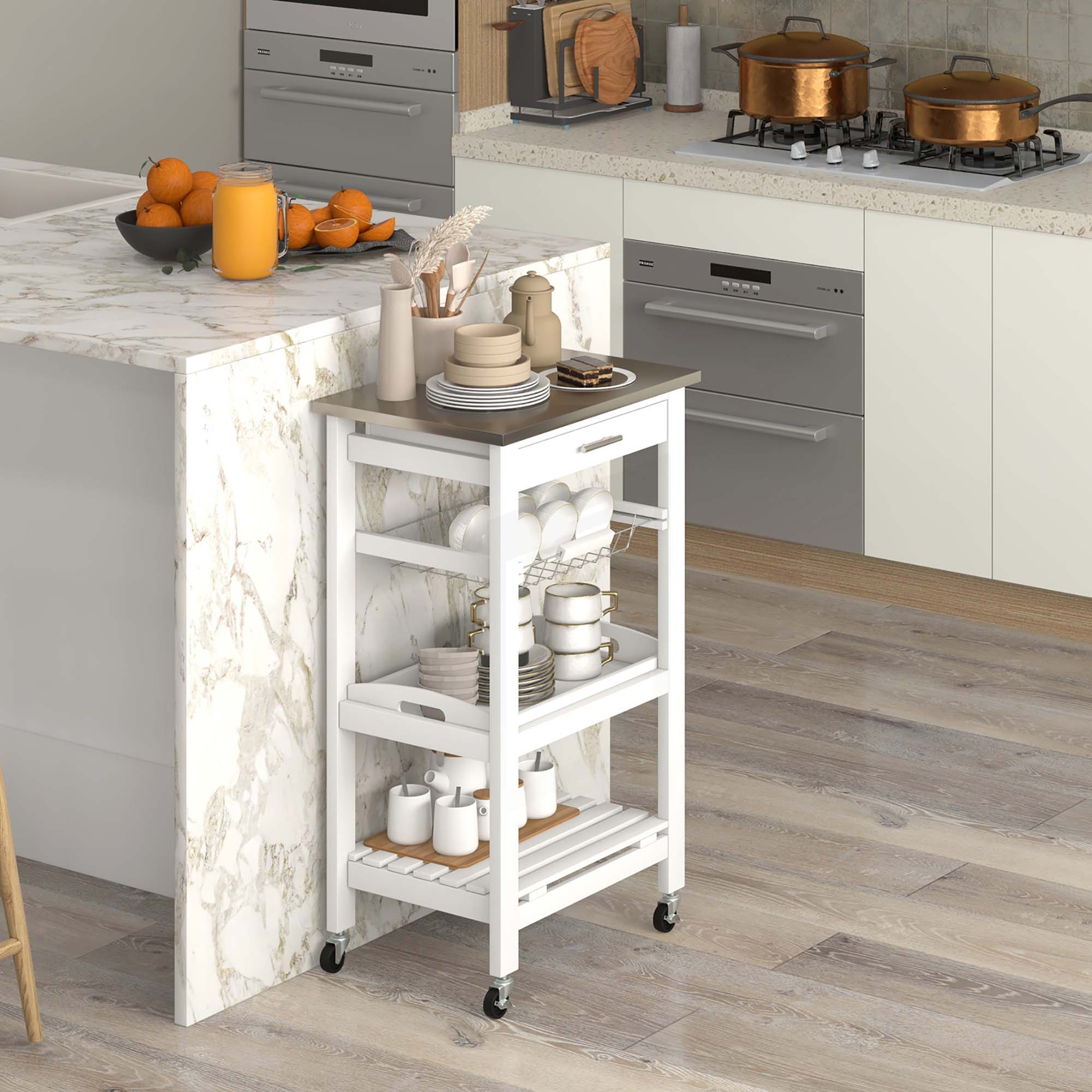 Alt View 1. Costway - Costway Compact Kitchen Island Cart Rolling Service Trolley withStainless Steel Top Basket - White.