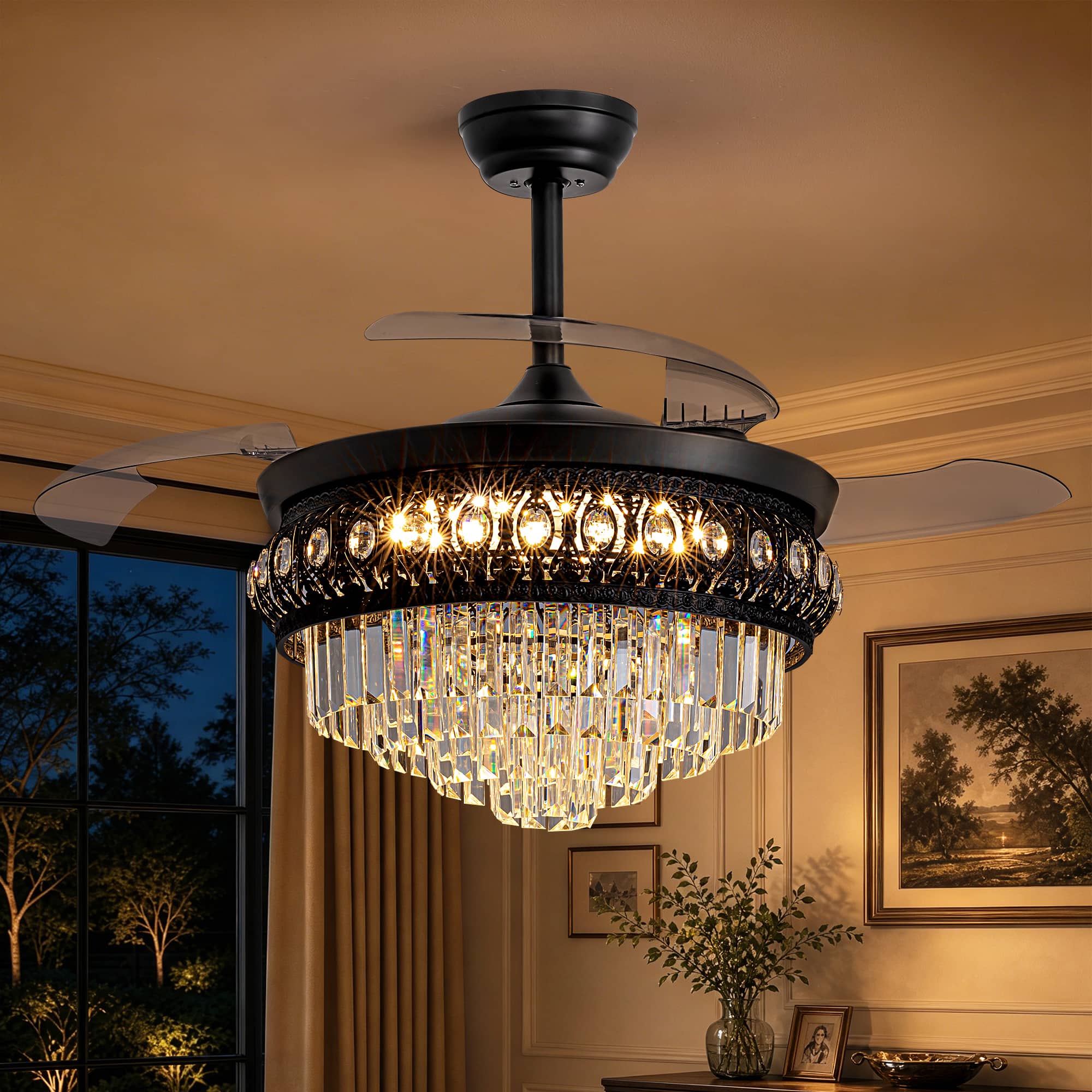 Siljoy - 48 Inch 3 Retractable Blades Downrod Eye Cut K9 Crystal Ceiling Fan Chandelier For Dining Living Kitchen Foyer - Black