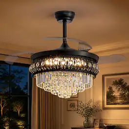 Siljoy - 48 Inch 3 Retractable Blades Downrod Eye Cut K9 Crystal Ceiling Fan Chandelier For Dining Living Kitchen Foyer - Black