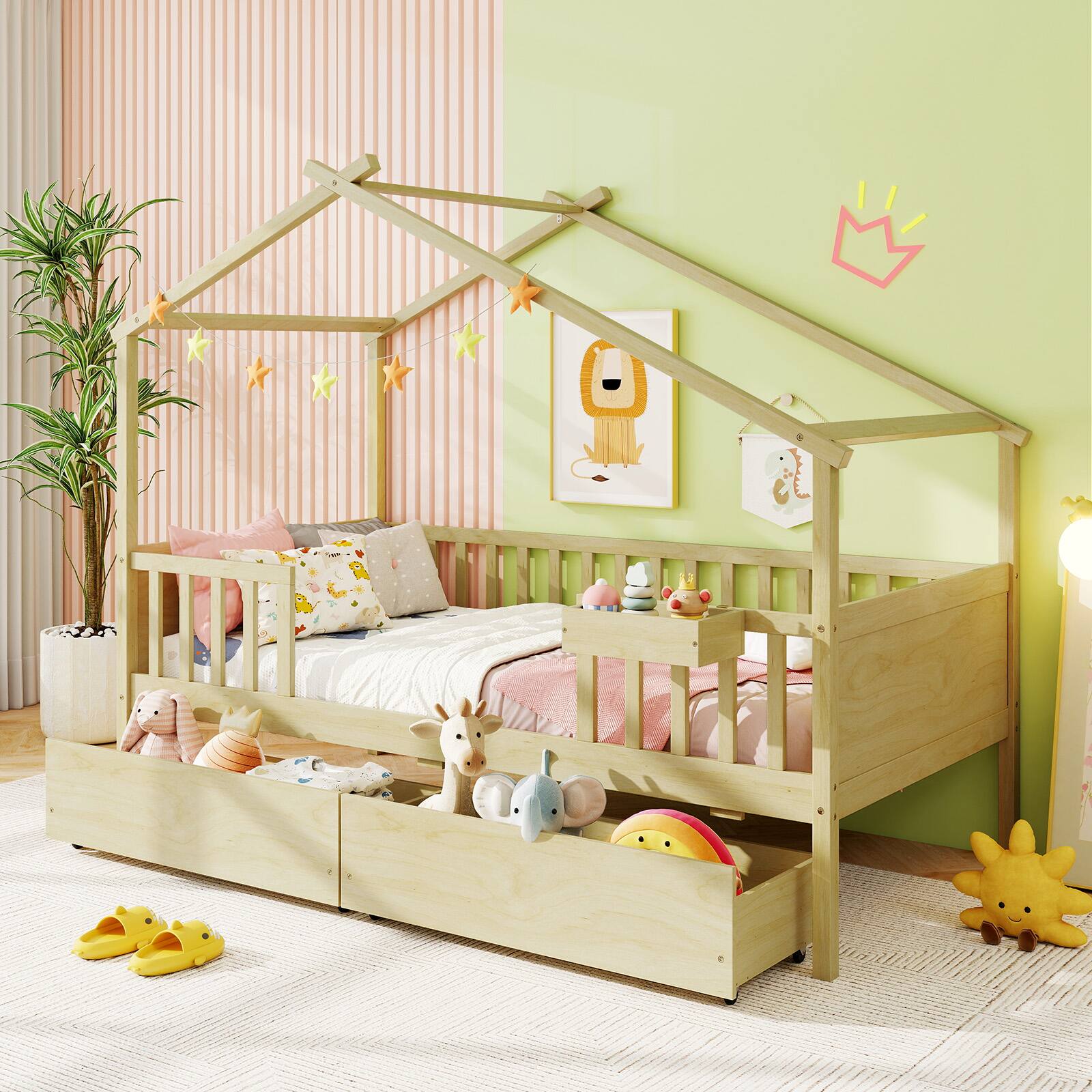 Gymax - Twin House Bed w/ 2 Storage Drawers Roof & Fence Rails Headboard & Footboard - Natural