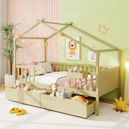 Front. Gymax - Gymax Twin House Bed w/ 2 Storage Drawers Roof & Fence Rails Headboard & Footboard - Natural.