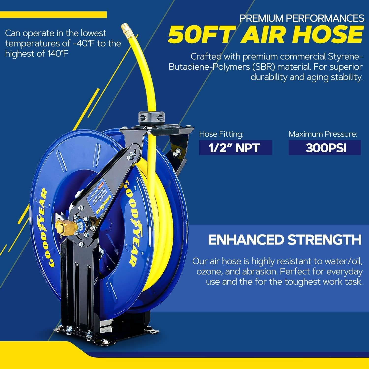 Can operate in the lowest temperatures of -40°F to the highest of 140°F

PREMIUM PERFORMANCE 50FT AIR HOSE
Crafted with premium commercial Styrene-Butadiene-Polymers (SBR) material. For superior durability and aging stability.

Hose Fitting: 1/2" NPT
Maximum Pressure: 300PSI

ENHANCED STRENGTH
Our air hose is highly resistant to water/oil, ozone, and abrasion. Perfect for everyday use and the toughest work task.