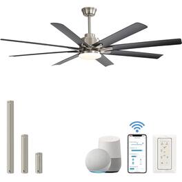 Sofucor - Large Smart Ceiling Fan with Light, Indoor/Outdoor, Alexa/Google/App Control, 8 ABS Blades, Remote - Nickel-66inch