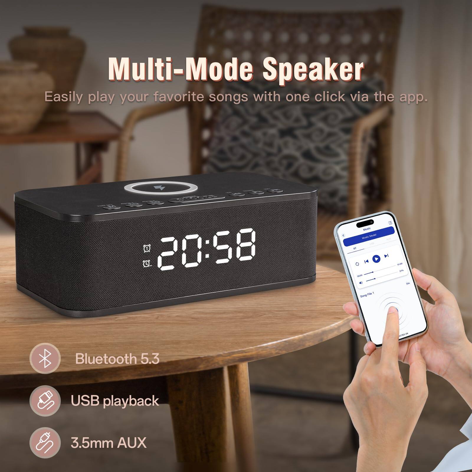Multi-Mode Speaker  
Easily play your favorite songs with one click via the app.  

Bluetooth 5.3  
USB playback  
3.5mm AUX