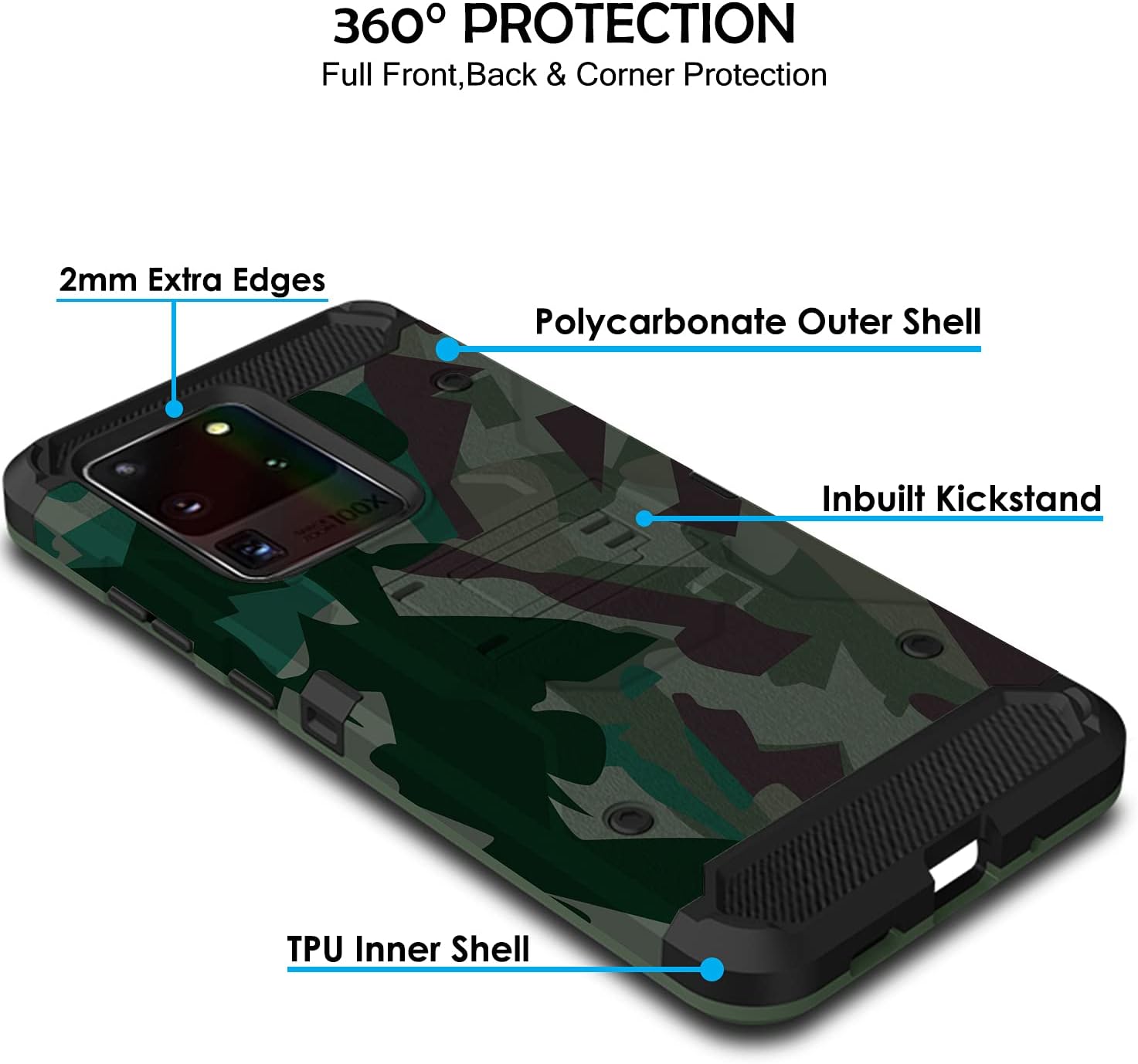 360° PROTECTION  
Full Front, Back & Corner Protection

2mm Extra Edges  
Polycarbonate Outer Shell  
Inbuilt Kickstand  
TPU Inner Shell