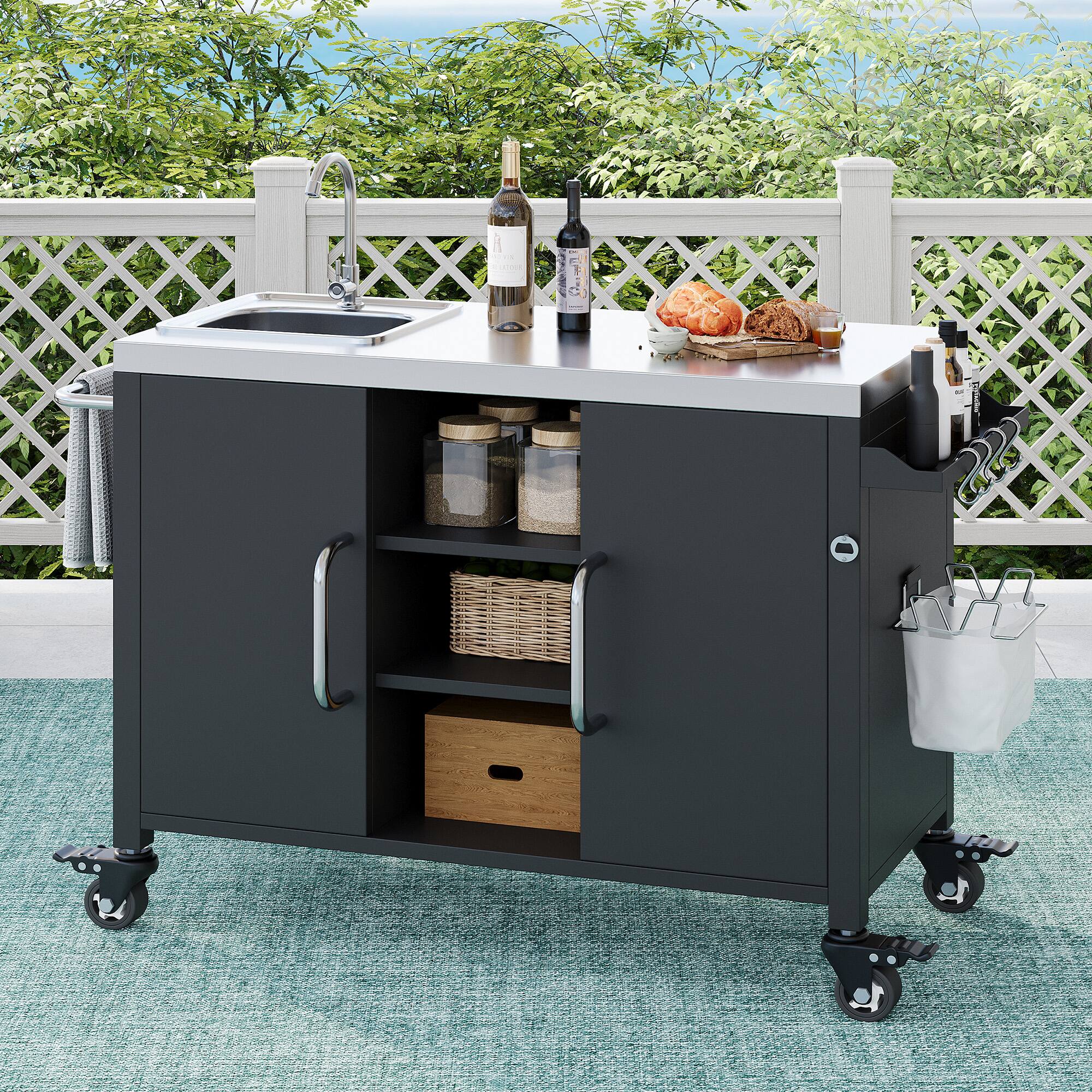 Angle. APRILSOUL - 55.5 in Outdoor Kitchen Island with Sink Metal Grill Cart Table with 304 Stainless Steel Sink Outdoor Cart Sink Station - Black.