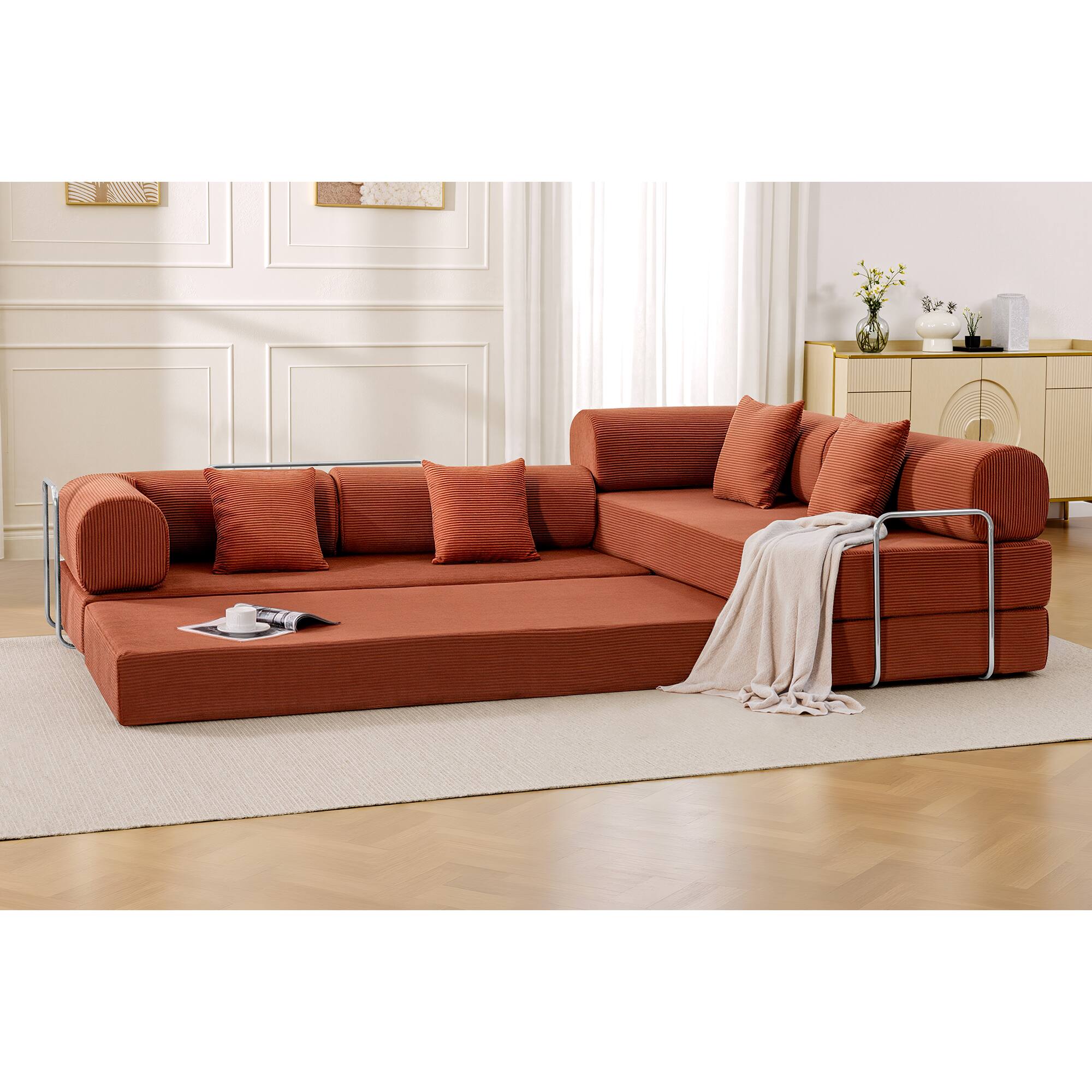 Left. KERDOM - L-Shaped Corduroy Couch Chaise Lounge, 78'' Foldable Sofa Bed 2pcs Combined, Spliced Block Modular Sectional Sponge Sofa - Pumkin Brown.