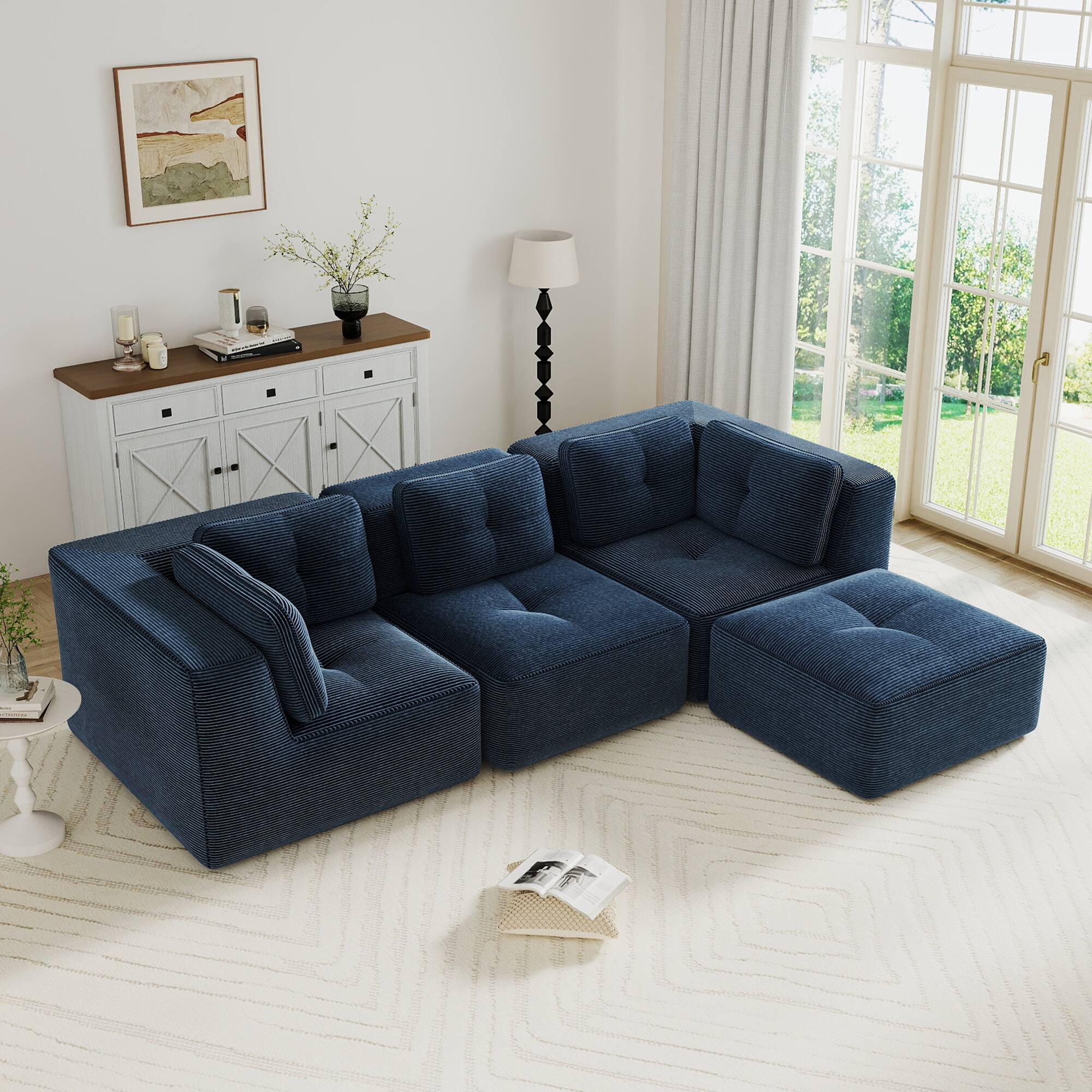 Front. LOVMOR - Modular Deep Seat Storage Ottoman 3 Seater Corduroy Sectional Couch No Assembly Compressed Pack Tufted For Den - Blue.