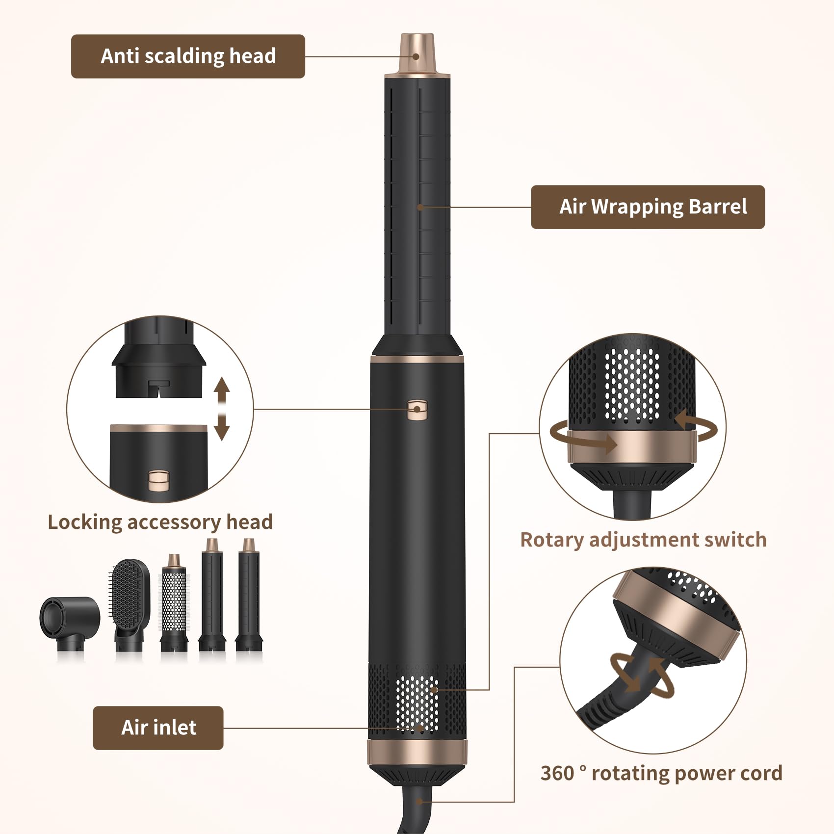 - Anti scalding head
- Air Wrapping Barrel
- Locking accessory head
- Air inlet
- Rotary adjustment switch
- 360° rotating power cord