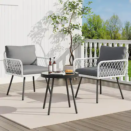 Front. Acekool - Patio Furniture Set 3 Pieces, Outdoor Rattan Conversation L-Shaped Sofa & Table, Boho Small Balcony Set, Gray - Gray.