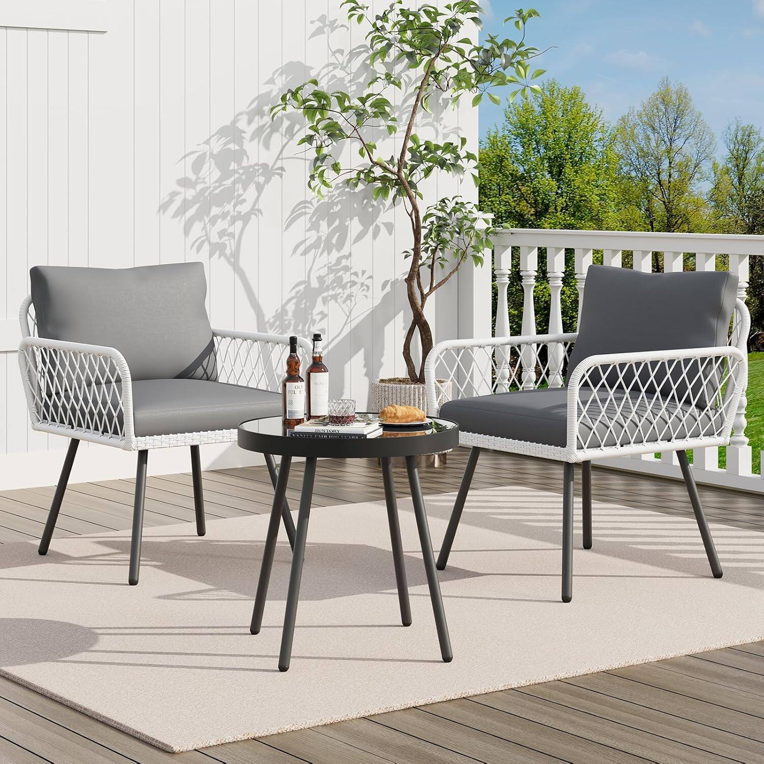 Front. Acekool - Patio Furniture Set 3 Pieces, Outdoor Rattan Conversation L-Shaped Sofa & Table, Boho Small Balcony Set, Gray - Gray.
