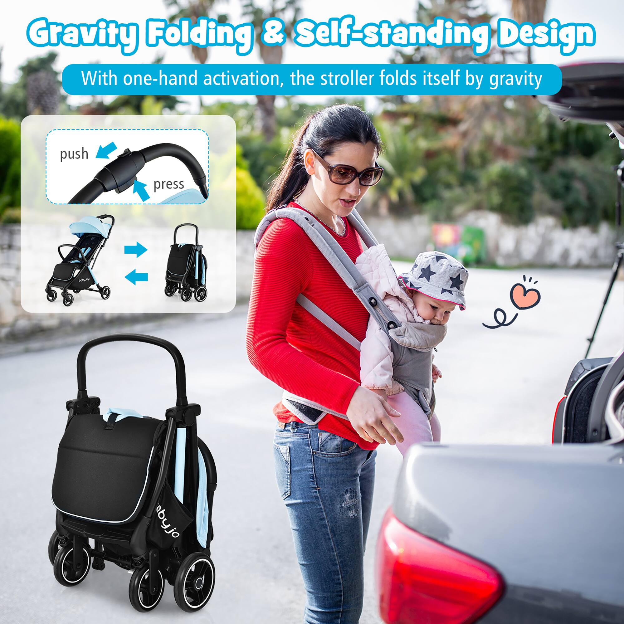 Gravity Folding & Self-standing Design

With one-hand activation, the stroller folds itself by gravity

push press abyjo