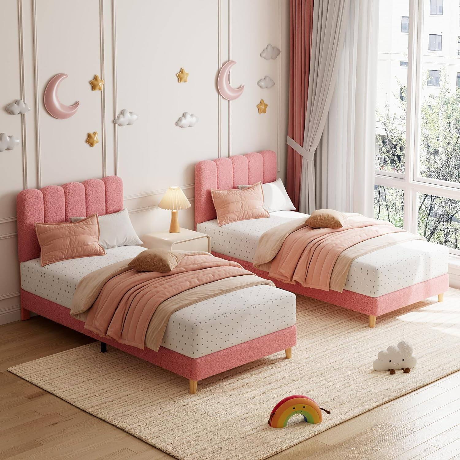 Alt View 1. Acekool - Easy Assembly Twin XL Size Boucle Bed Frame Space Saving, for Living Room, Guest Room - Pink.