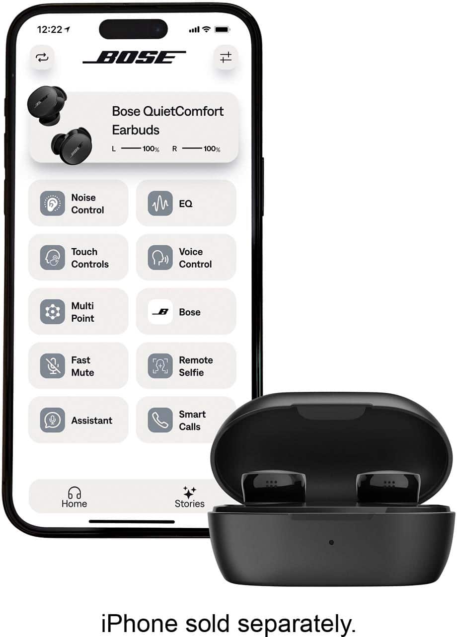 Bose QuietComfort Earbuds L 100% R 100% Noise Control EQ Touch Controls Voice Control Multi Point Bose Fast Mute Remote Selfie Assistant Smart Calls + Home Stories iPhone sold separately.