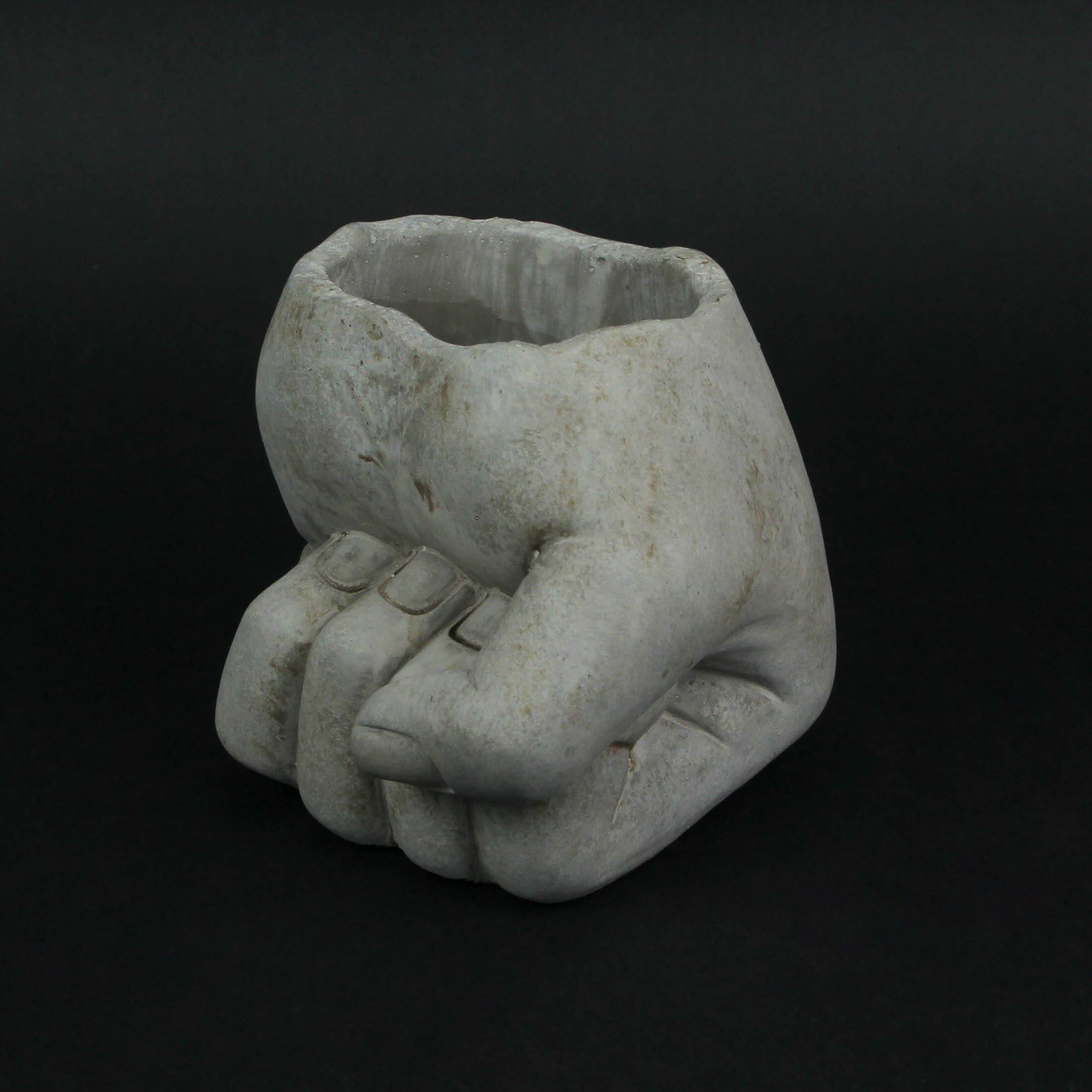 Alt View 4. Mayrich Company - 7 Inch Diameter Fist Bump Hand Concrete Plant Pot Planter / Candle Holder - Grey.