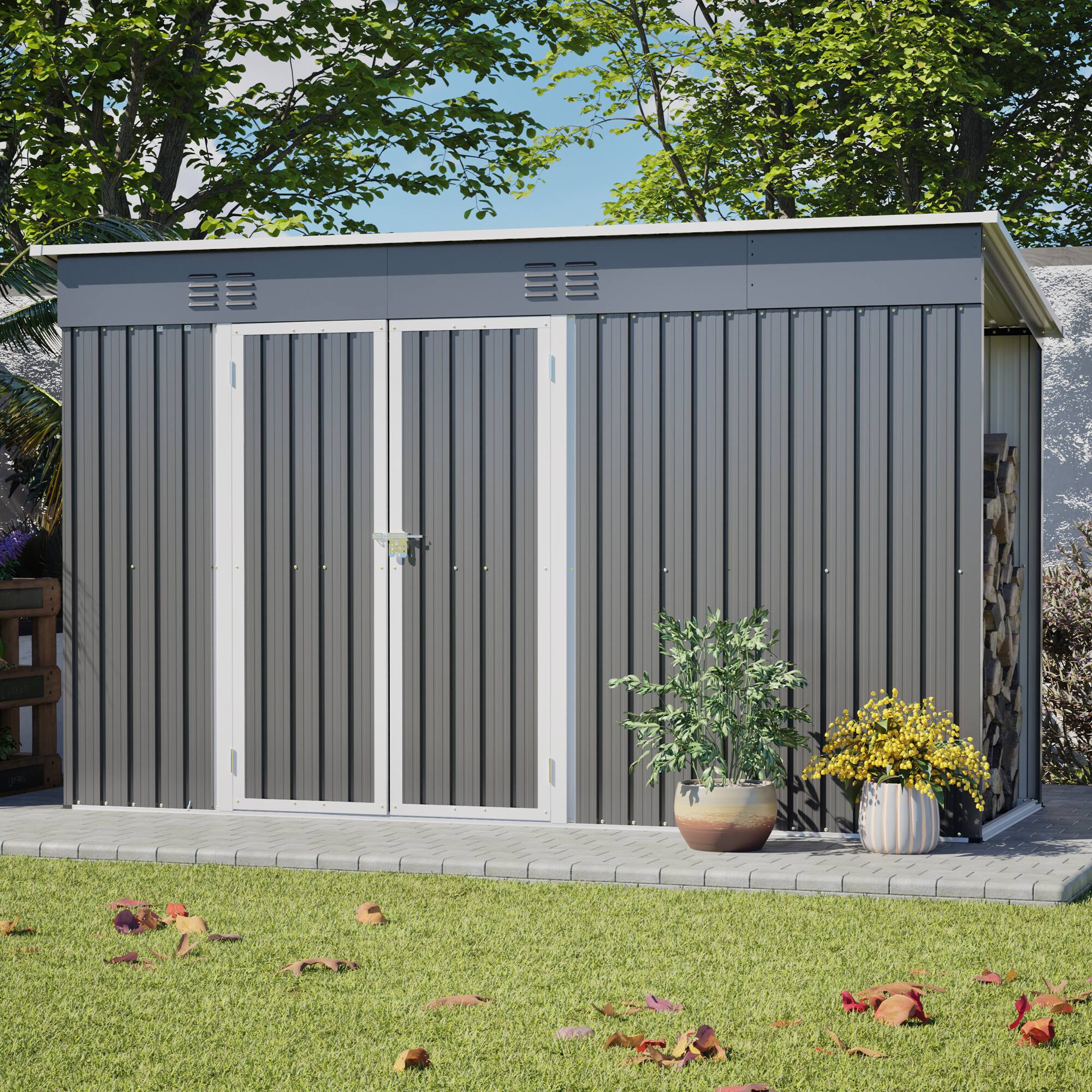 Alt View 6. Loheer - 10'x4' Metal Outdoor Storage Shed with Floor Frame & Lockable Door - Gray.