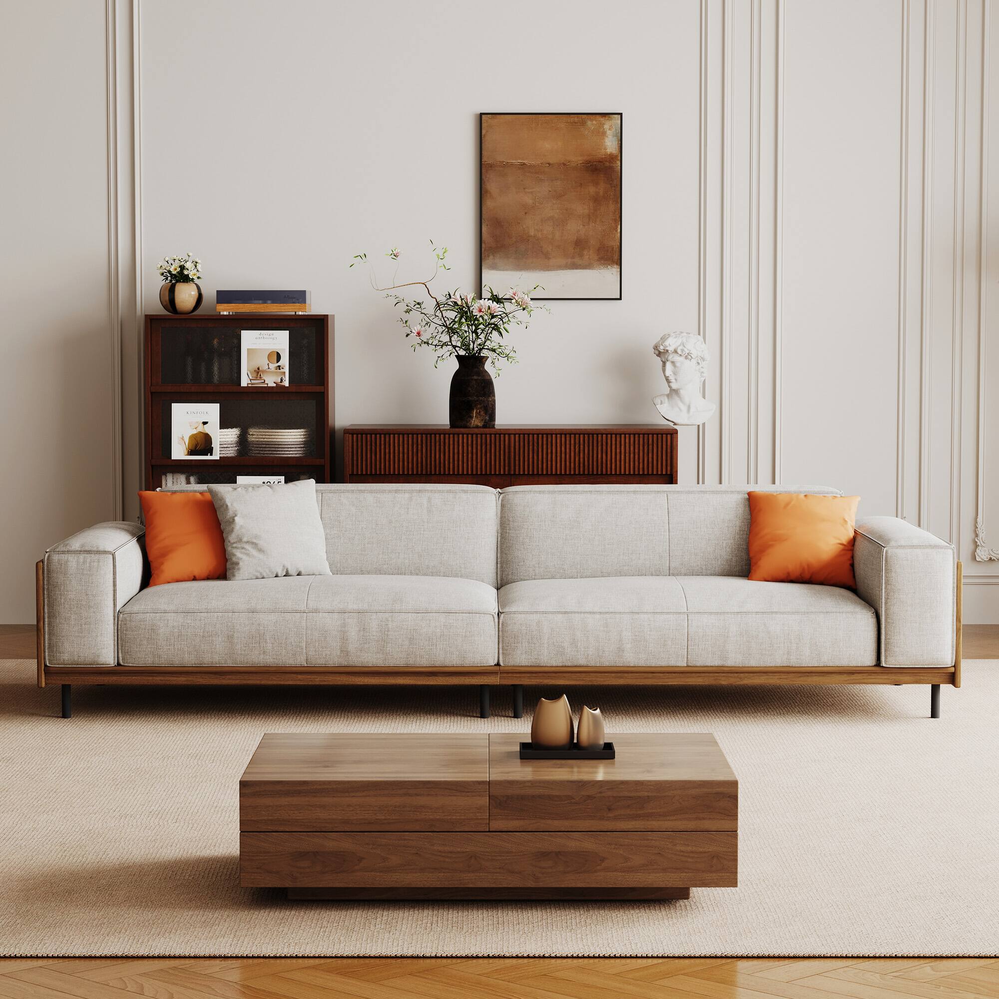 Left. luck idea - 111.81" Cotton-Linen Sofa, High-End Vintage Sofa, Sturdy Frame, Comfortable Seating, Four-Seater - Gray.