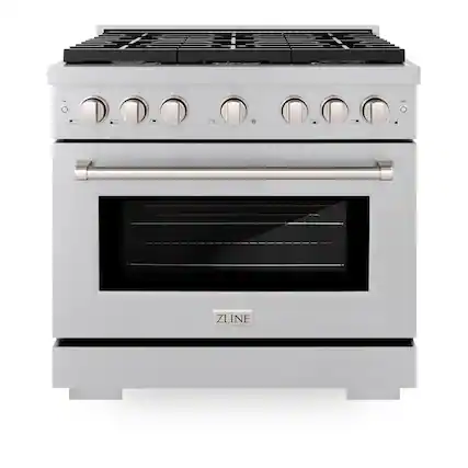 Front. ZLINE - ZLINE 36 in. Paramount Satin Stainless Gas Range w/ Convection Oven & 6 Brass Burners (SGRS-BR-36) - Stainless Steel.