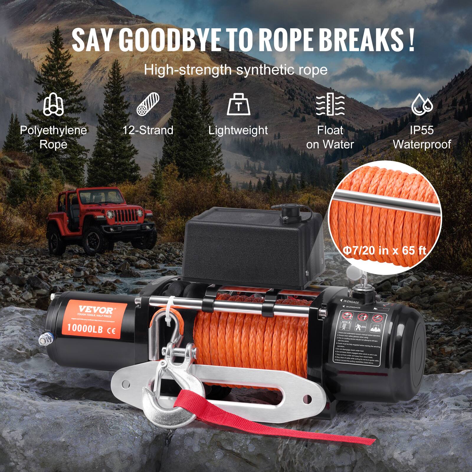 SAY GOODBYE TO ROPE BREAKS! High-strength synthetic rope T Polyethylene Rope 12-Strand Lightweight Float on Water IP55 Waterproof 7/20 in x 65 ft - VEVOR - - - - 10000LB CE INENGAGE - - - 1 - I - - - . - | - . - - - . - - - - - -