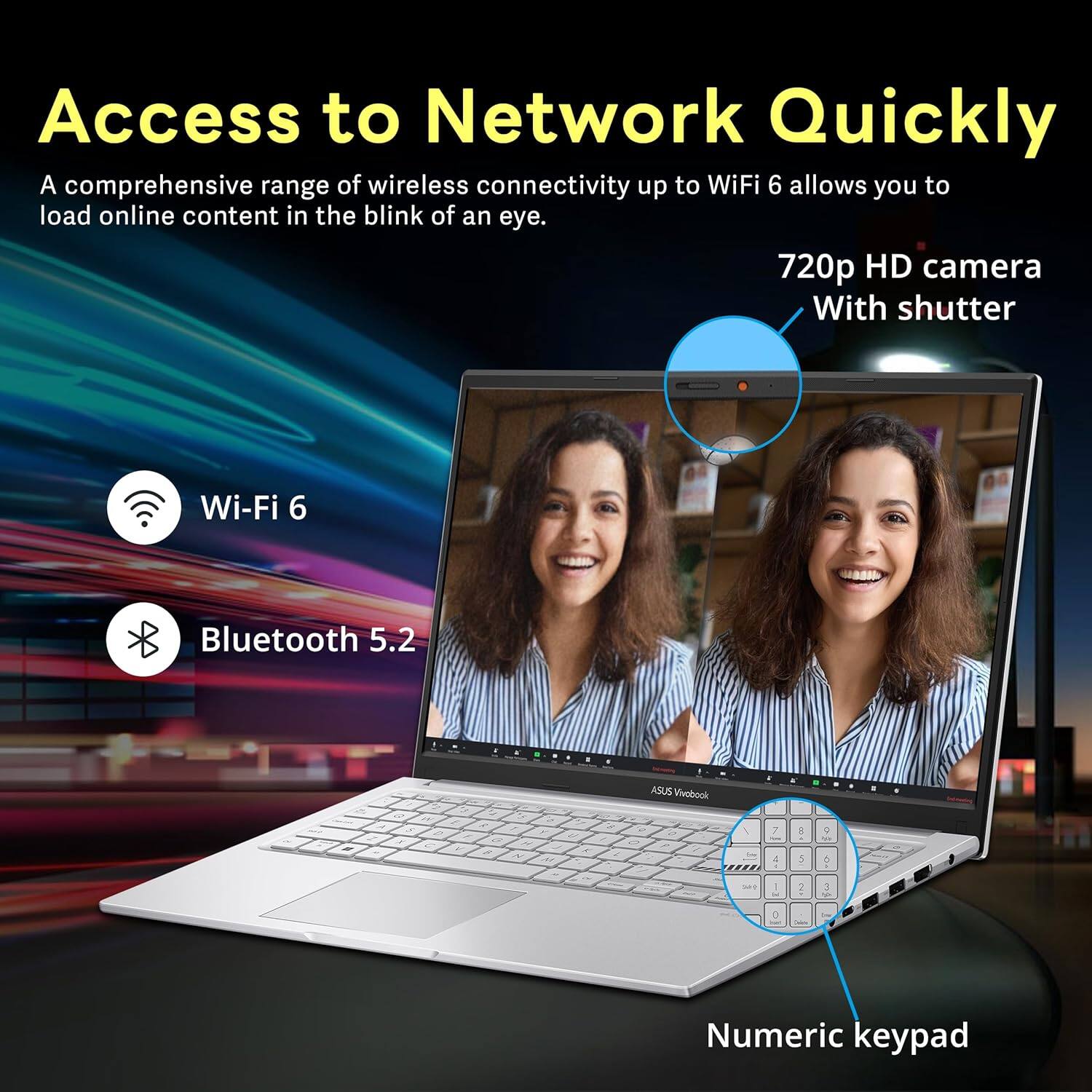 Access to Network Quickly

A comprehensive range of wireless connectivity up to WiFi 6 allows you to load online content in the blink of an eye.

- Wi-Fi 6
- Bluetooth 5.2

720p HD camera With shutter

Numeric keypad