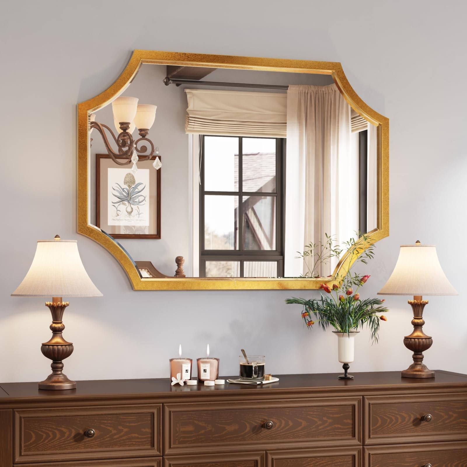 Front. Dazzling Pops - Mirror For Wall Scalloped Vanity Decorative Art Beveled Framed Master Bath Half Living Room Fireplace Mantl - Gold 28"L x 20"W.