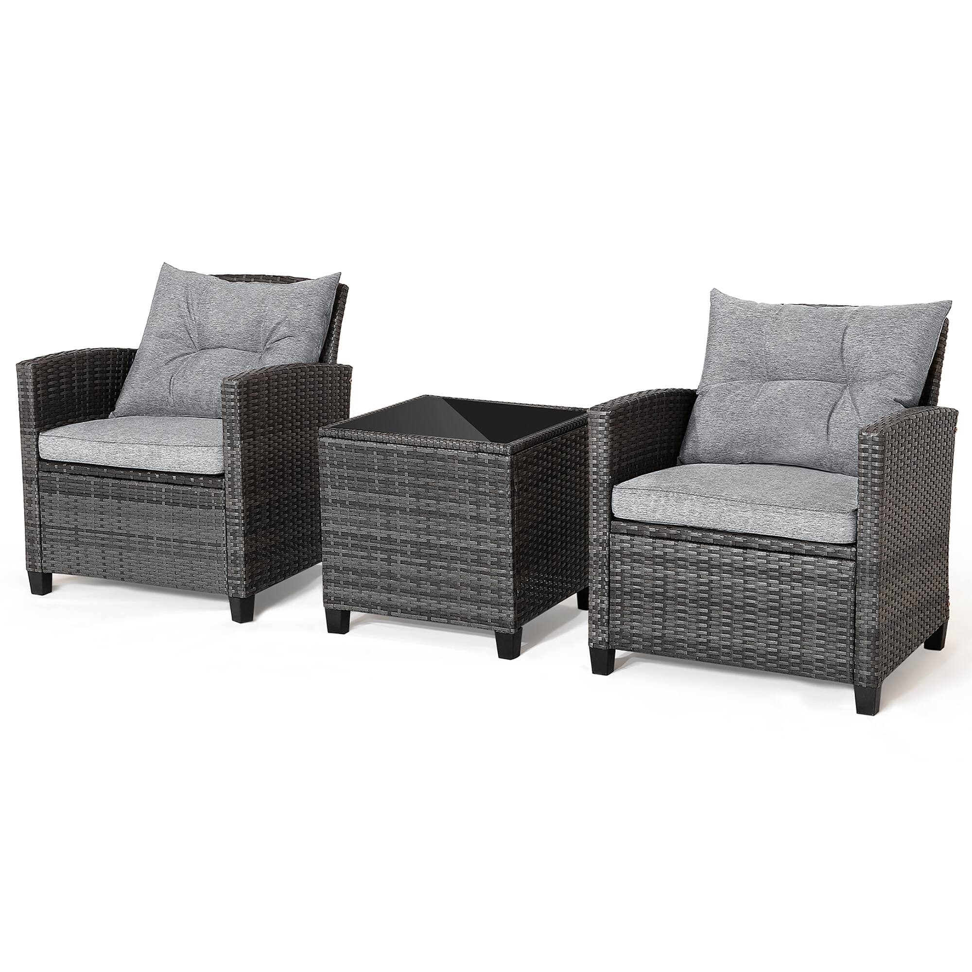 Alt View 8. Gymax - Gymax 3PCS Patio Rattan Sofa Set Outdoor Wicker Conversation Set Glass Tabletop w/ Grey Cushion - Grey.